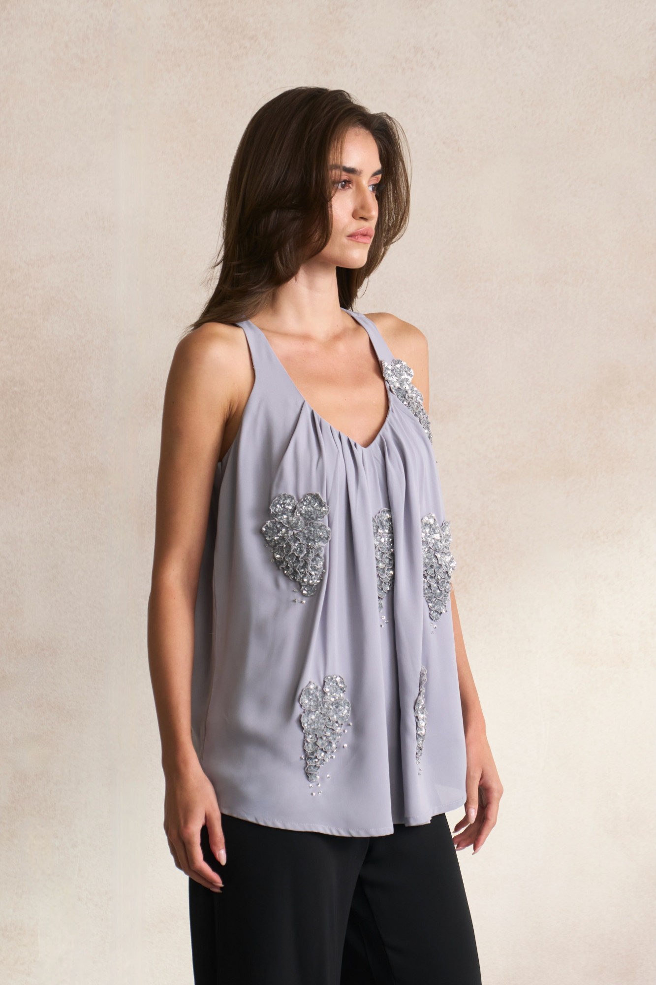 LEILA 03 PASTEL GREY SLEEVELESS TOP WITH SILVER SEQUIN 3D FLOWER EMBROIDERY