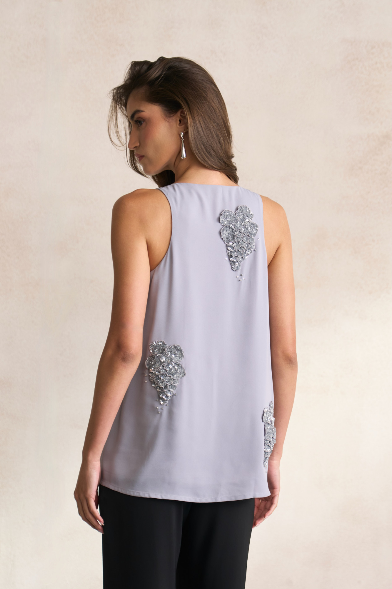 LEILA 03 PASTEL GREY SLEEVELESS TOP WITH SILVER SEQUIN 3D FLOWER EMBROIDERY