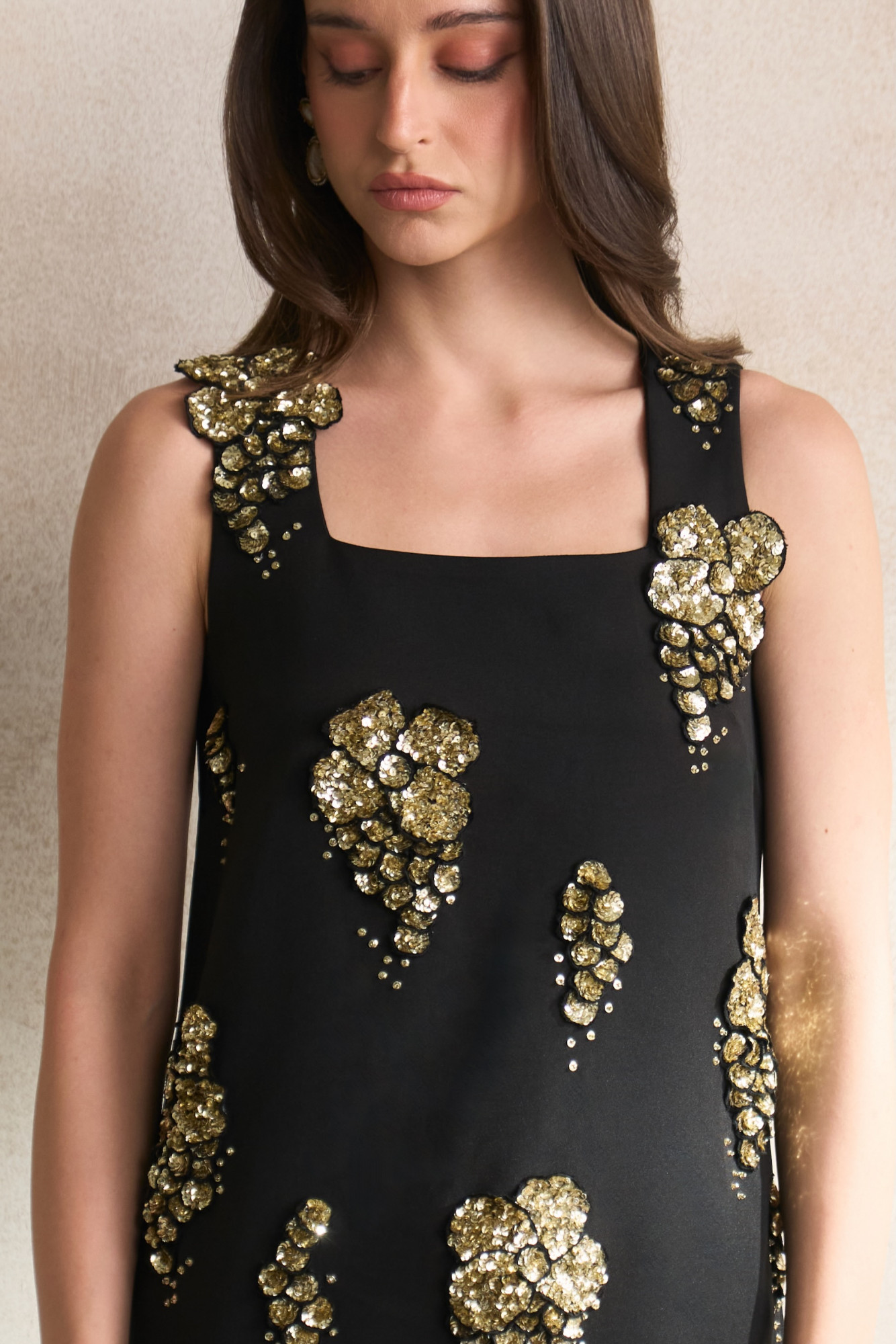 LEILA 03 BLACK SHIFT DRESS WITH GOLD SEQUIN 3D FLOWER EMBROIDERY