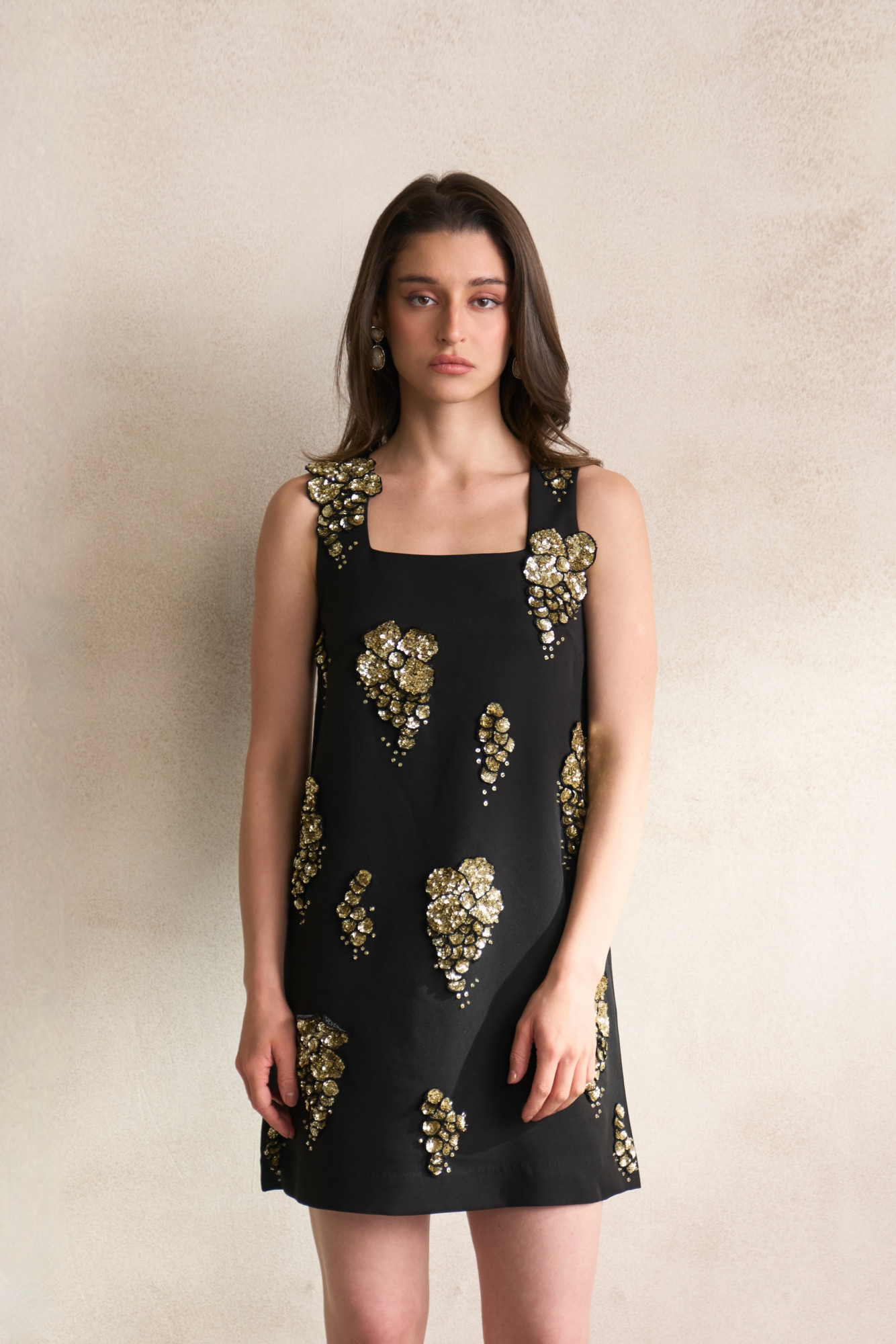 LEILA 03 BLACK SHIFT DRESS WITH GOLD SEQUIN 3D FLOWER EMBROIDERY