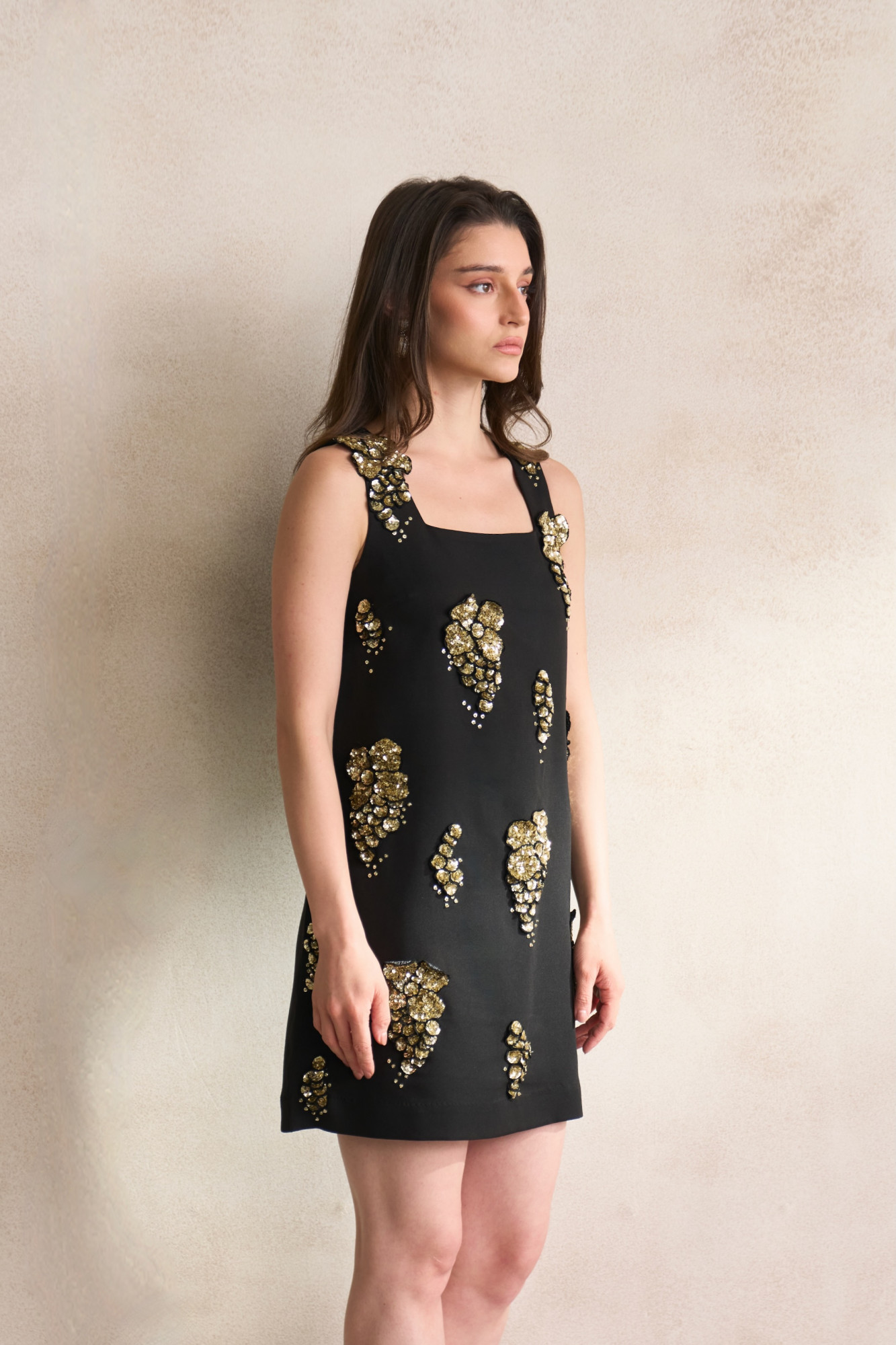 LEILA 03 BLACK SHIFT DRESS WITH GOLD SEQUIN 3D FLOWER EMBROIDERY