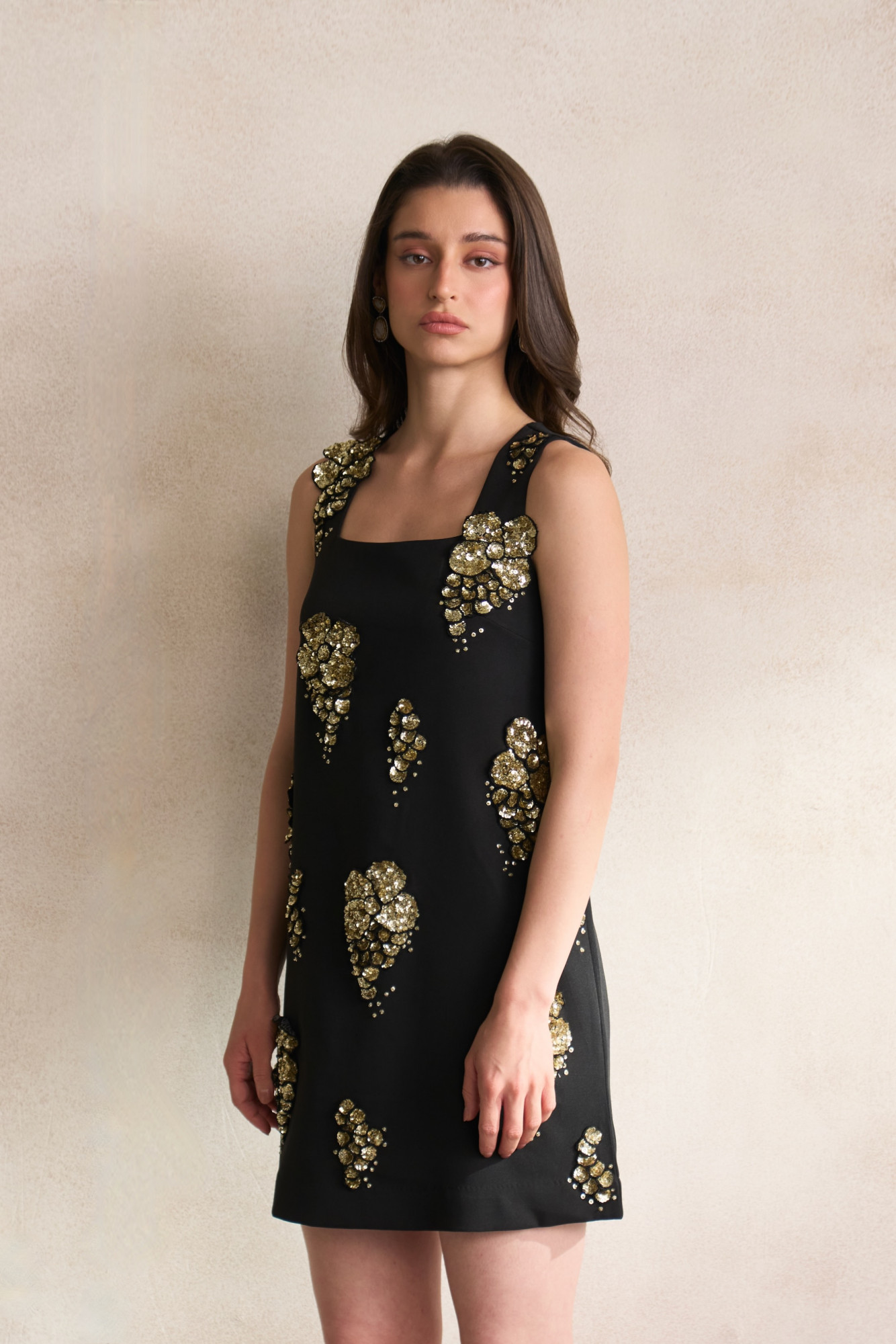 LEILA 03 BLACK SHIFT DRESS WITH GOLD SEQUIN 3D FLOWER EMBROIDERY