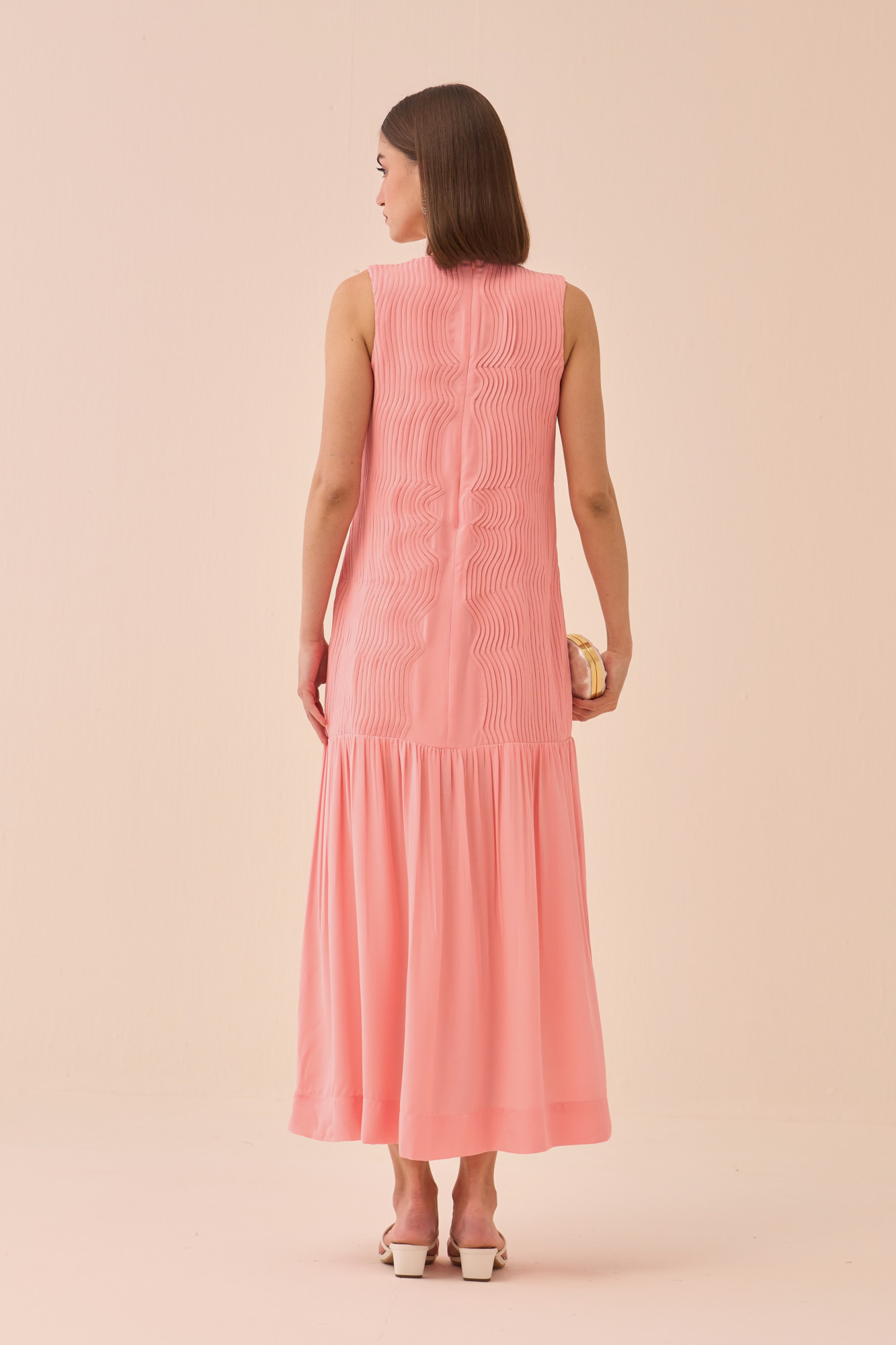 CASABLANCA LIGHT PINK FLOWY ANKLE LENGTH DRESS WITH SELF FABRIC PIPING DETAILING