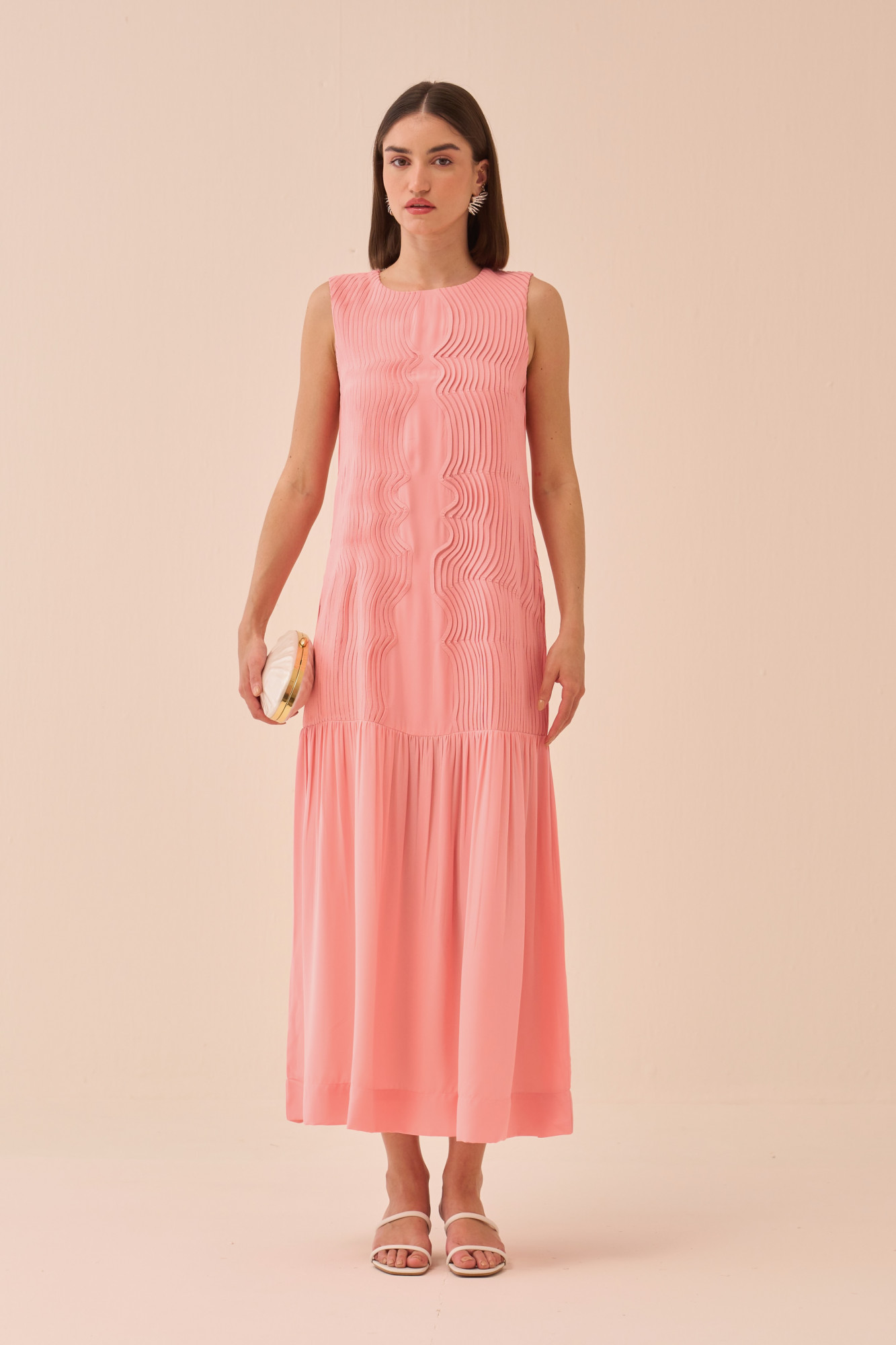 CASABLANCA LIGHT PINK FLOWY ANKLE LENGTH DRESS WITH SELF FABRIC PIPING DETAILING