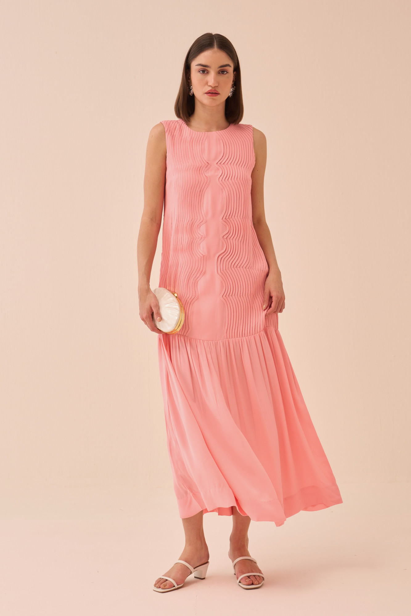 CASABLANCA LIGHT PINK FLOWY ANKLE LENGTH DRESS WITH SELF FABRIC PIPING DETAILING