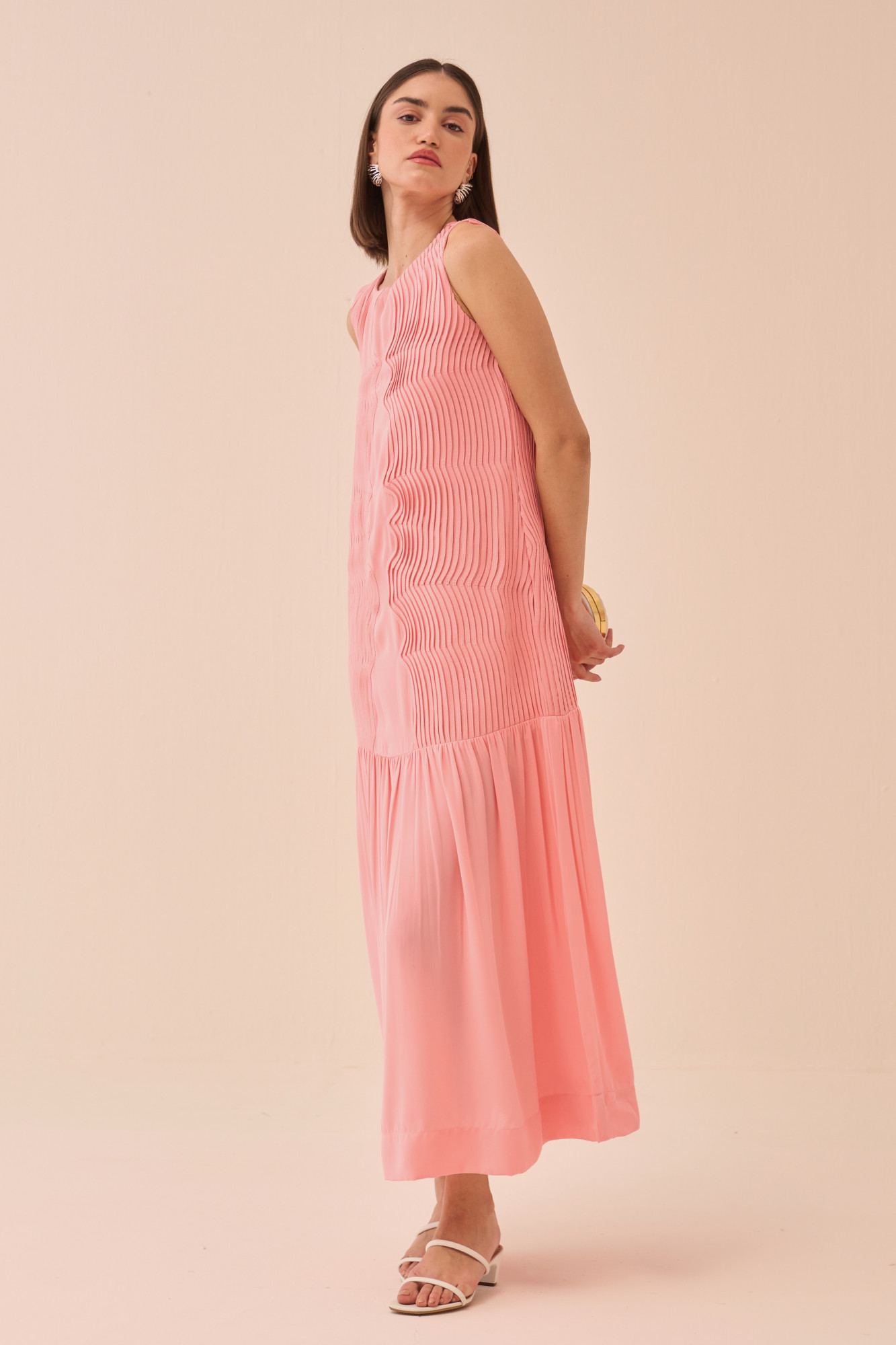 CASABLANCA LIGHT PINK FLOWY ANKLE LENGTH DRESS WITH SELF FABRIC PIPING DETAILING