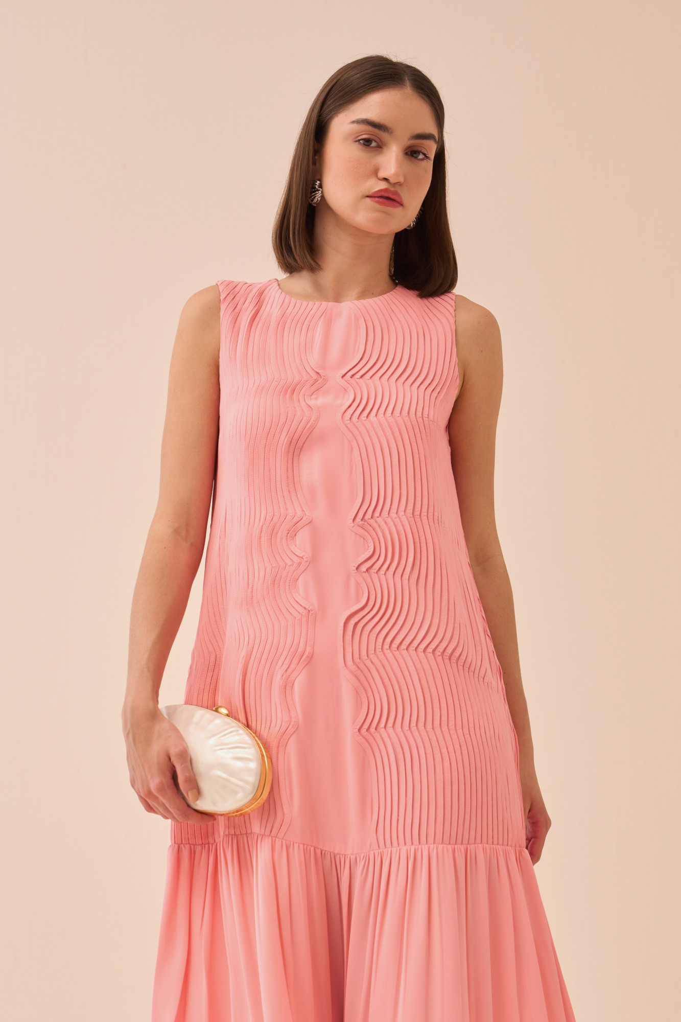 CASABLANCA LIGHT PINK FLOWY ANKLE LENGTH DRESS WITH SELF FABRIC PIPING DETAILING