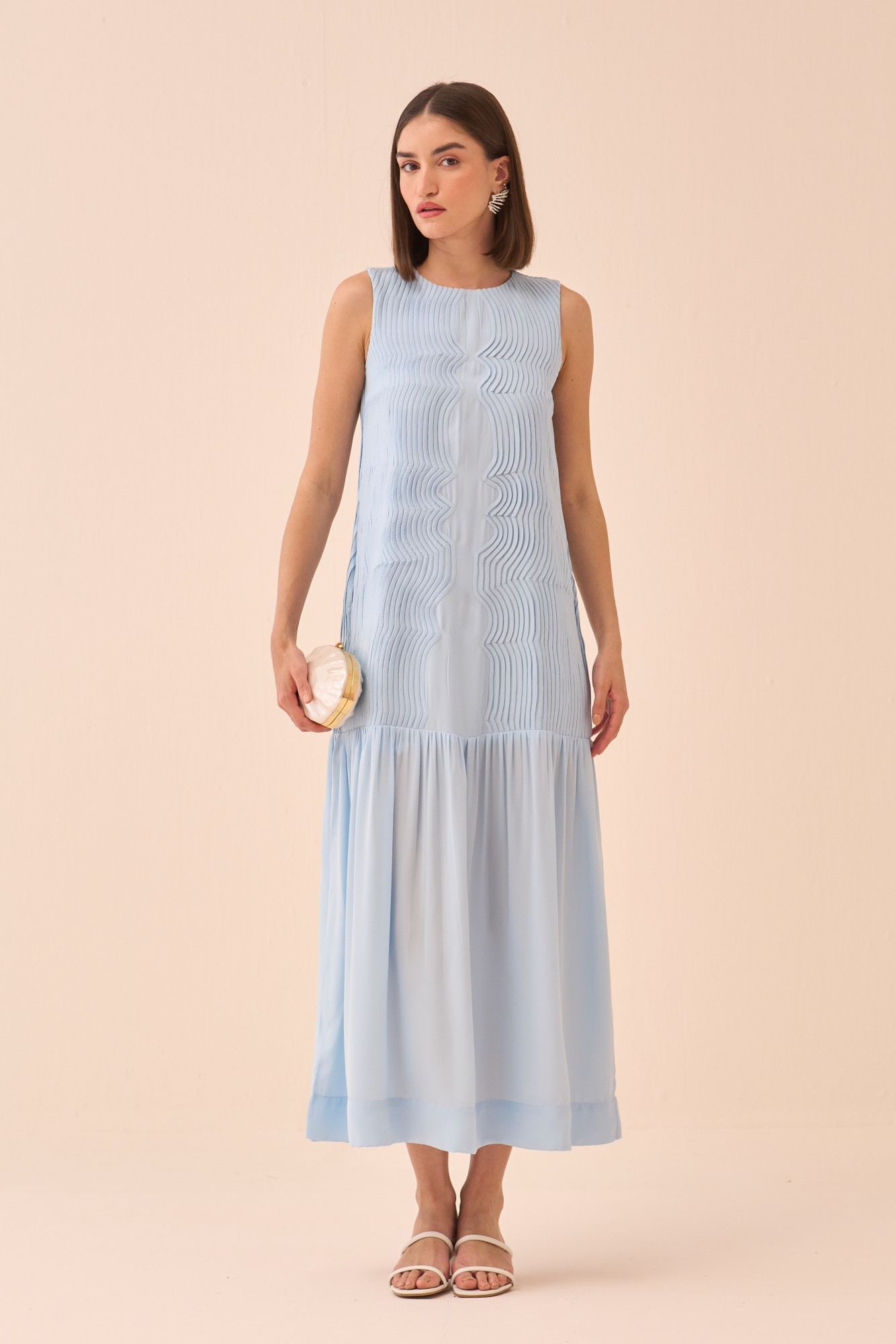 CASABLANCA POWDER BLUE COLOUR FLOWY ANKLE LENGTH DRESS WITH SELF FABRIC PIPING DETAILING