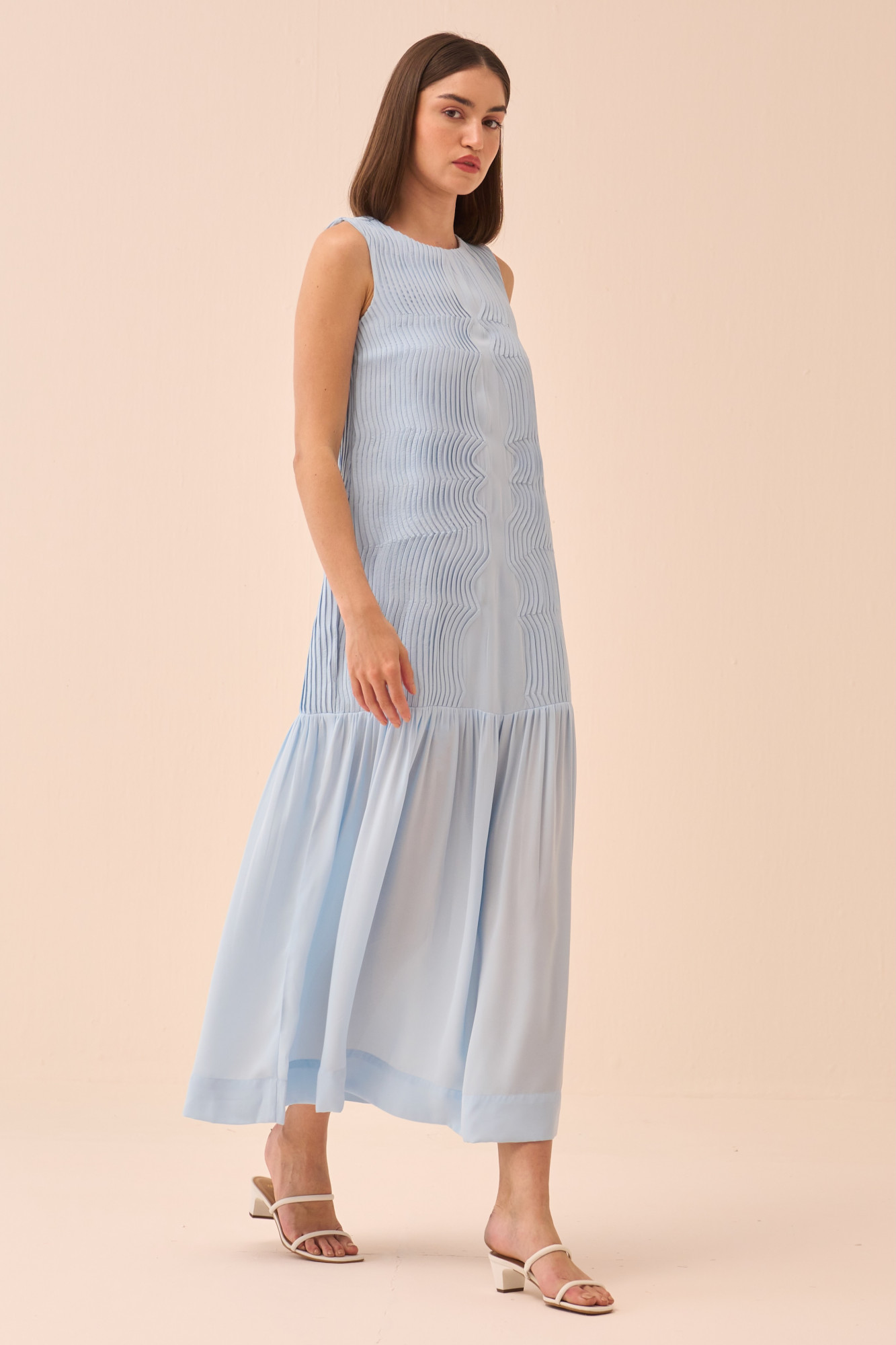 CASABLANCA POWDER BLUE COLOUR FLOWY ANKLE LENGTH DRESS WITH SELF FABRIC PIPING DETAILING
