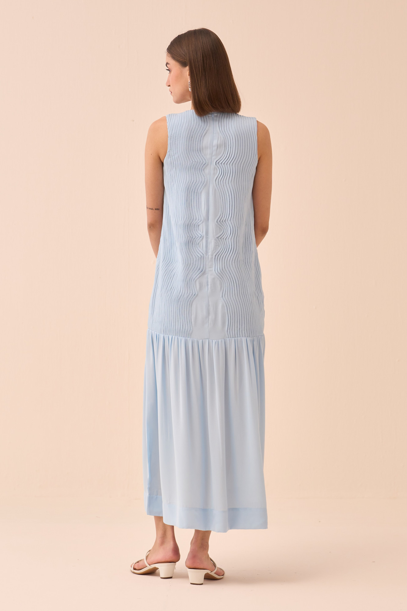 CASABLANCA POWDER BLUE COLOUR FLOWY ANKLE LENGTH DRESS WITH SELF FABRIC PIPING DETAILING