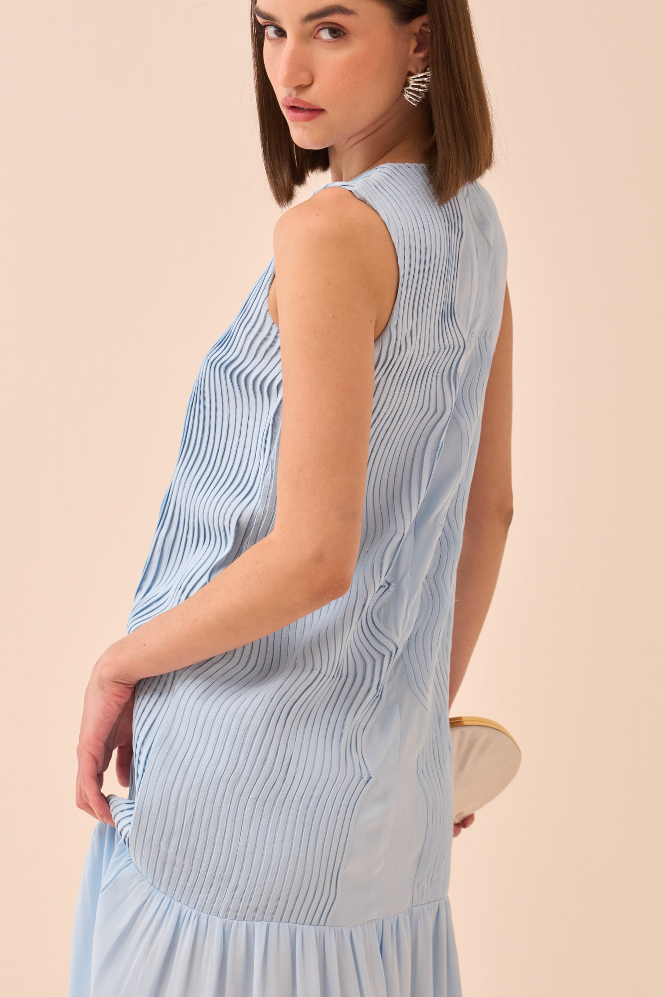 CASABLANCA POWDER BLUE COLOUR FLOWY ANKLE LENGTH DRESS WITH SELF FABRIC PIPING DETAILING