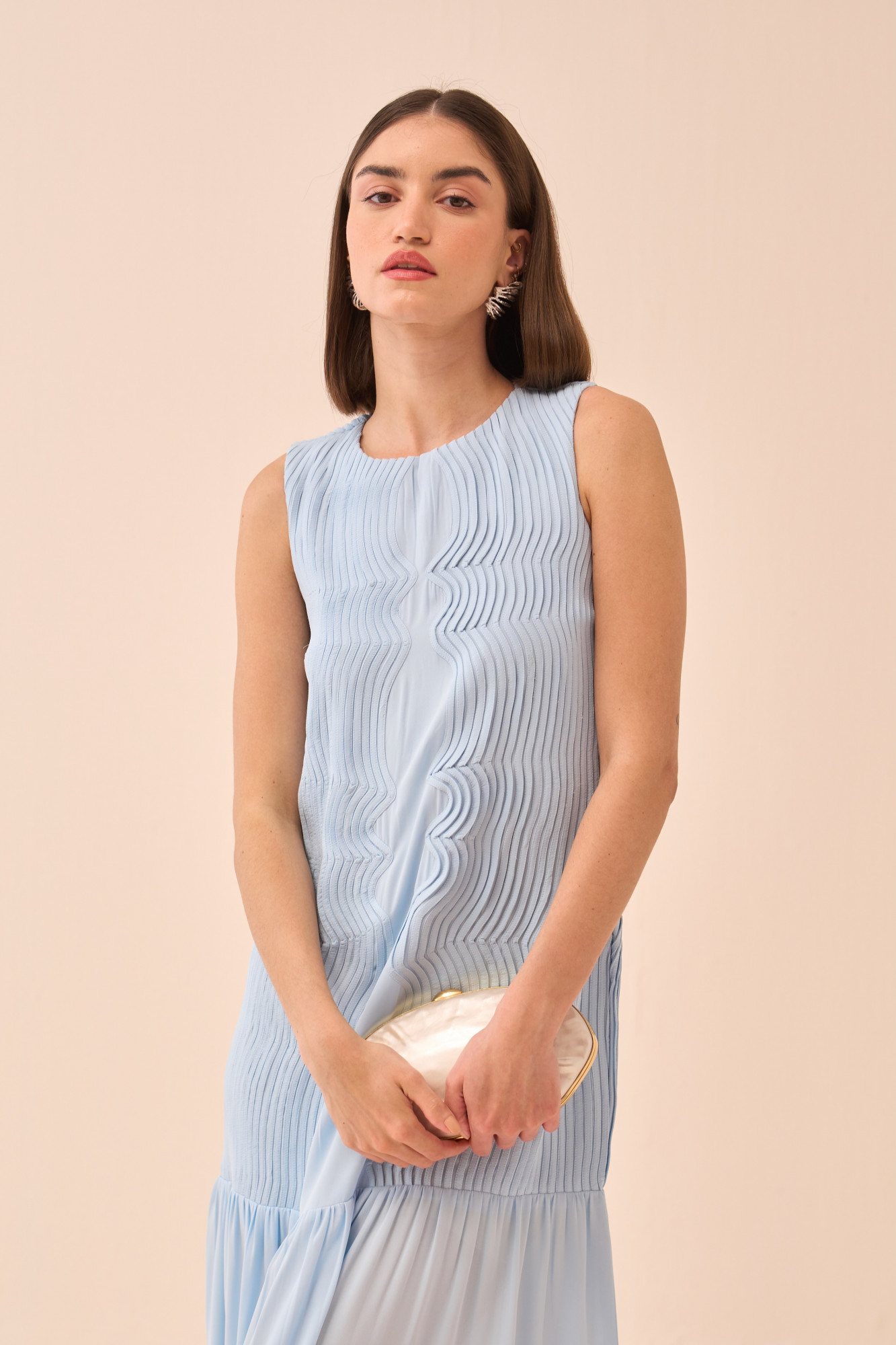 CASABLANCA POWDER BLUE COLOUR FLOWY ANKLE LENGTH DRESS WITH SELF FABRIC PIPING DETAILING