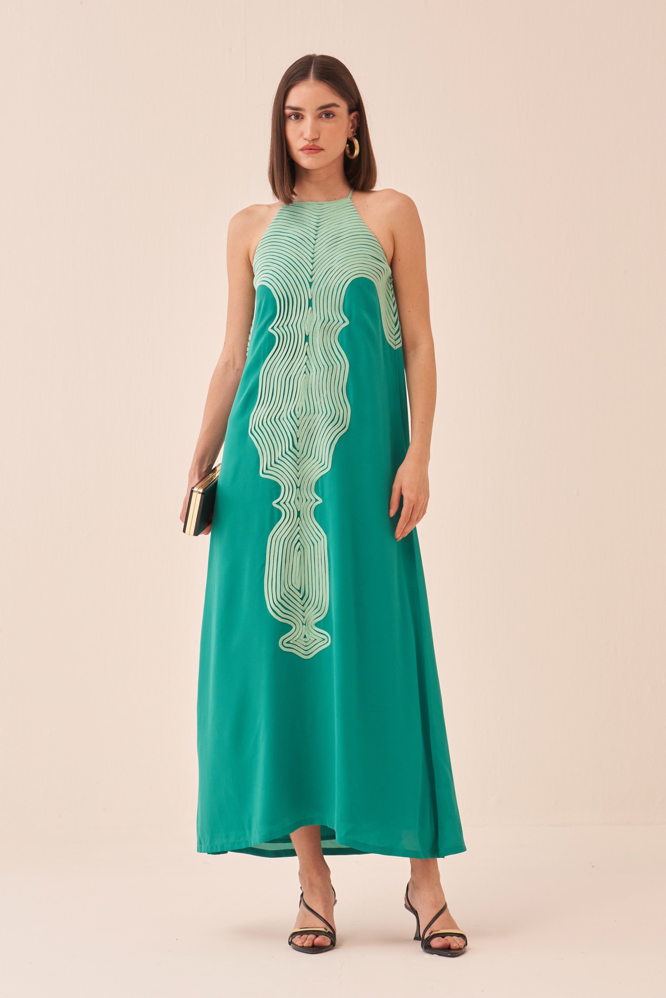 CASABLANCA GREEN COLOUR SLEEVELESS MAXI DRESS WITH LIGHT GREEN COLOUR FABRIC PIPING DETAIL