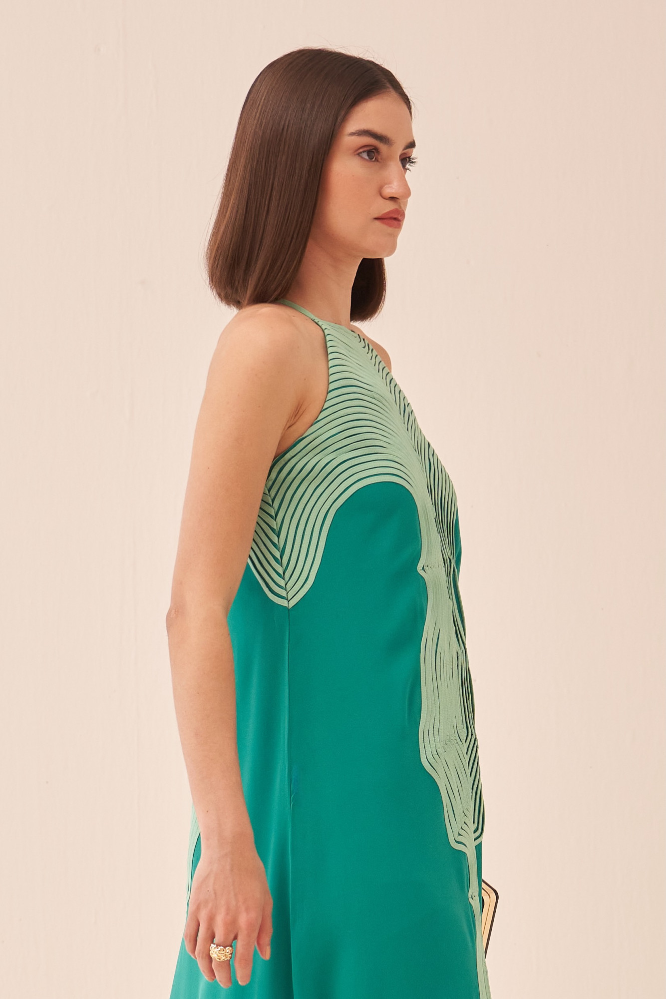 CASABLANCA GREEN COLOUR SLEEVELESS MAXI DRESS WITH LIGHT GREEN COLOUR FABRIC PIPING DETAIL