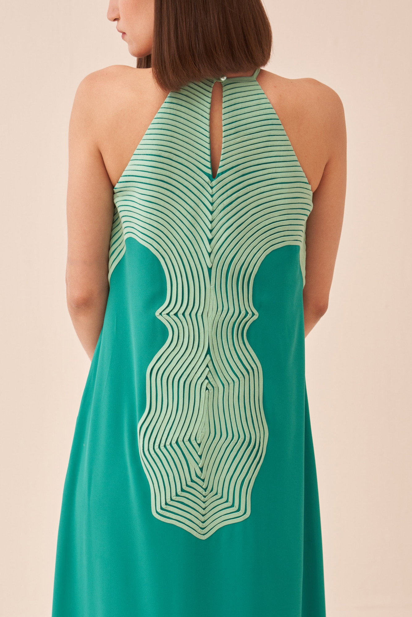 CASABLANCA GREEN COLOUR SLEEVELESS MAXI DRESS WITH LIGHT GREEN COLOUR FABRIC PIPING DETAIL