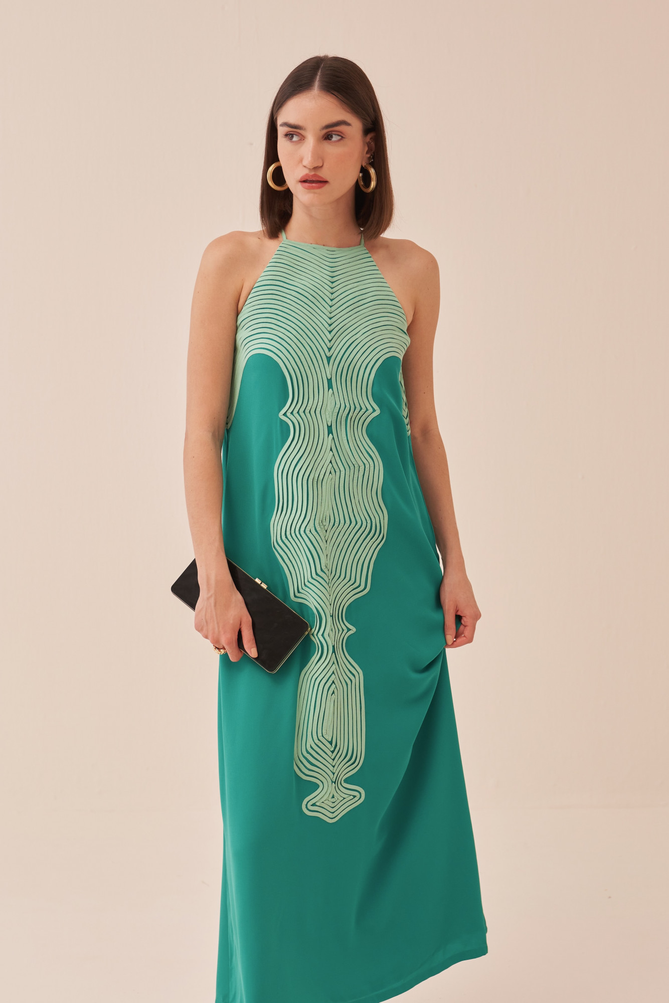 CASABLANCA GREEN COLOUR SLEEVELESS MAXI DRESS WITH LIGHT GREEN COLOUR FABRIC PIPING DETAIL