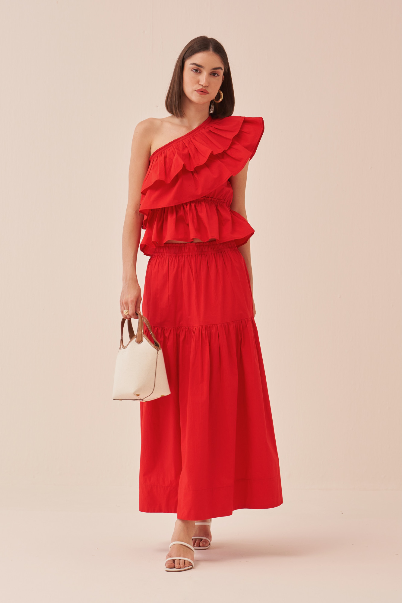 CASABLANCA RED COLOUR COTTON POPLIN FABRIC TOP AND SKIRT CO-ORD SET