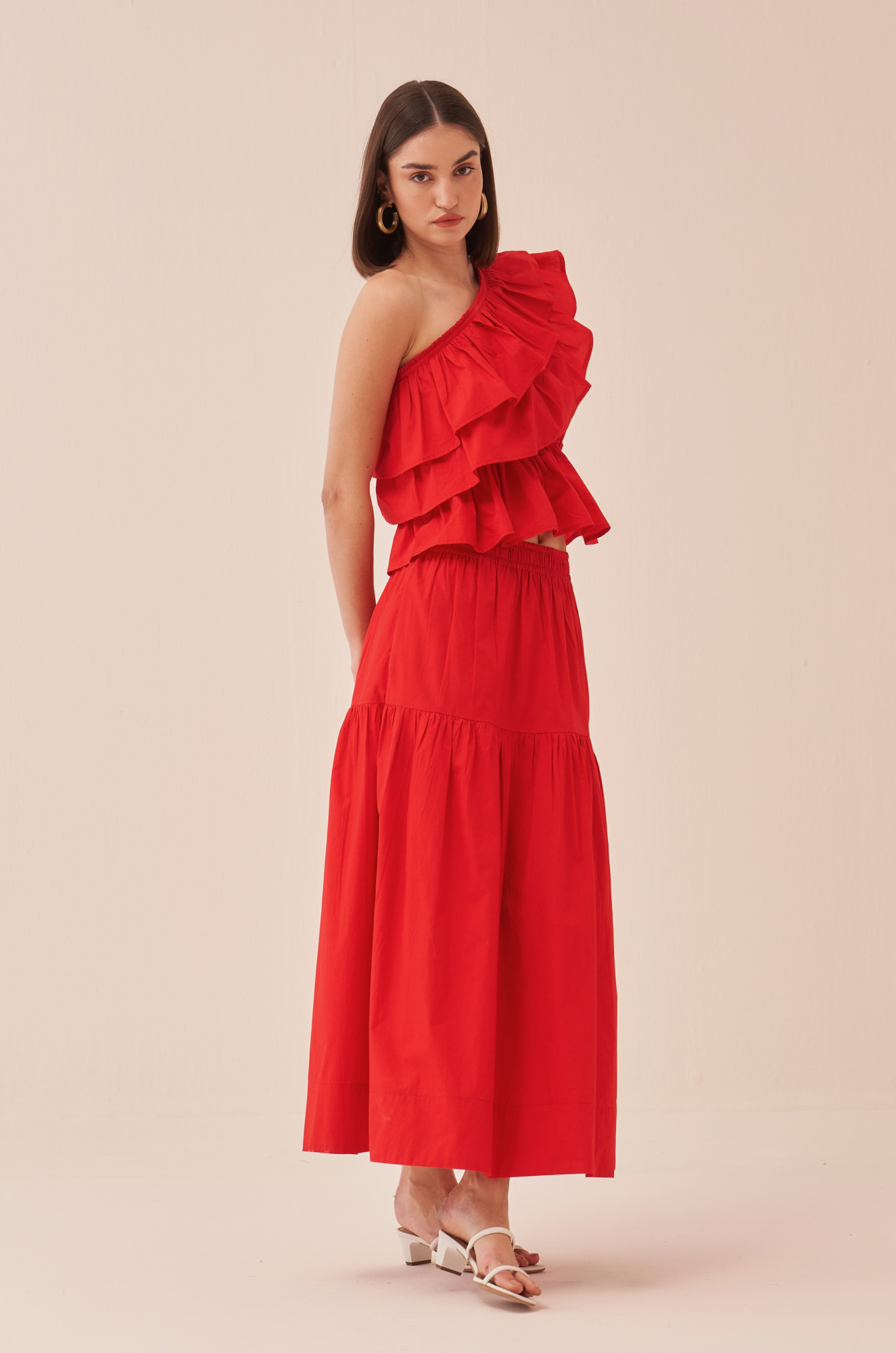 CASABLANCA RED COLOUR COTTON POPLIN FABRIC TOP AND SKIRT CO-ORD SET
