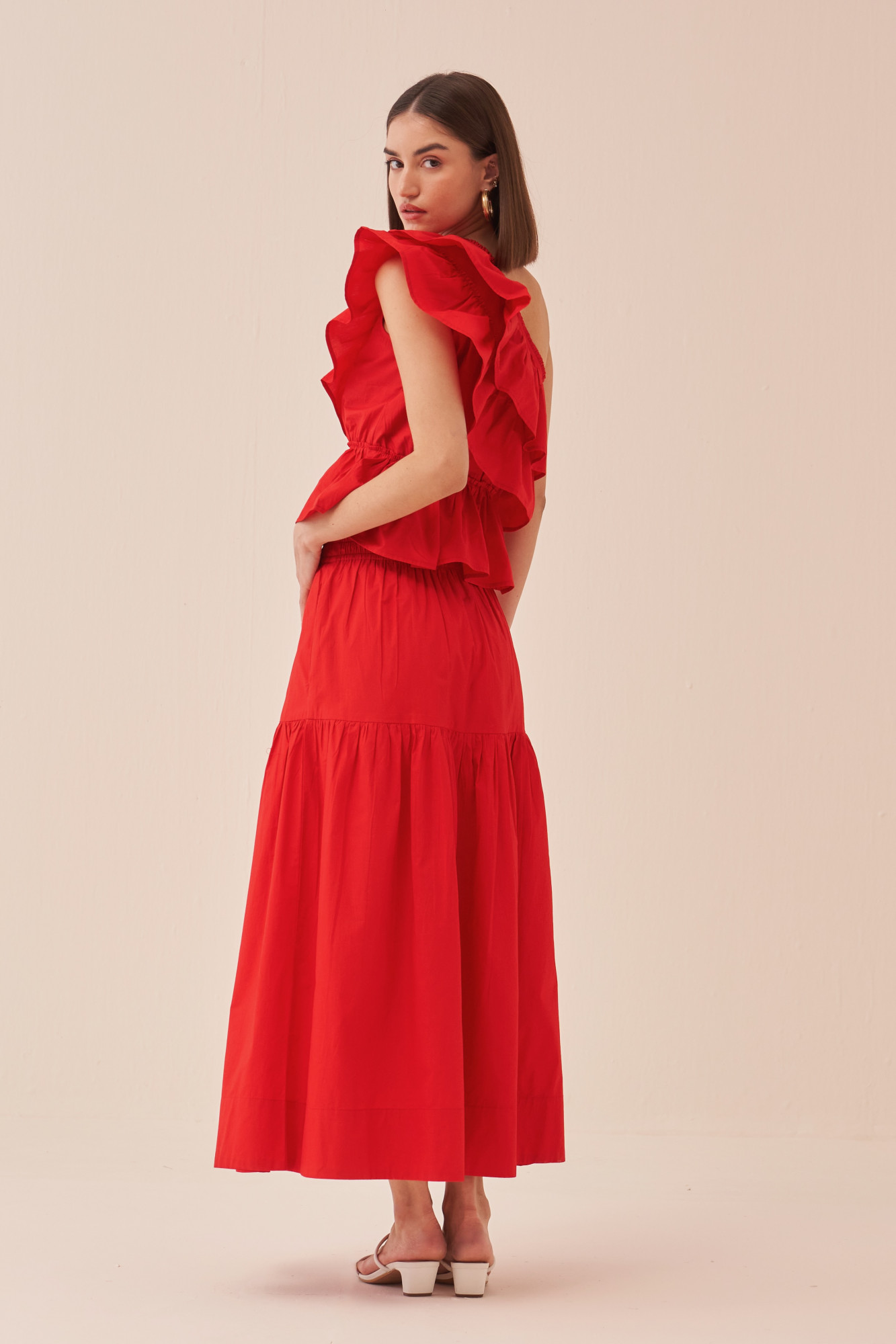 CASABLANCA RED COLOUR COTTON POPLIN FABRIC TOP AND SKIRT CO-ORD SET
