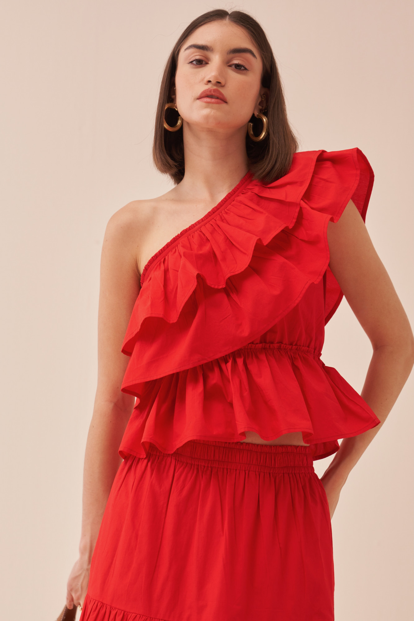 CASABLANCA RED COLOUR COTTON POPLIN FABRIC TOP AND SKIRT CO-ORD SET