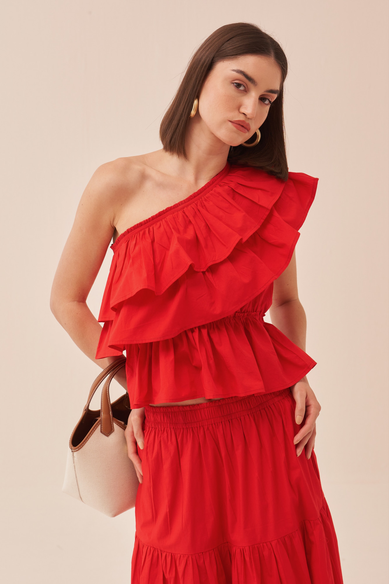 CASABLANCA RED COLOUR COTTON POPLIN FABRIC TOP AND SKIRT CO-ORD SET