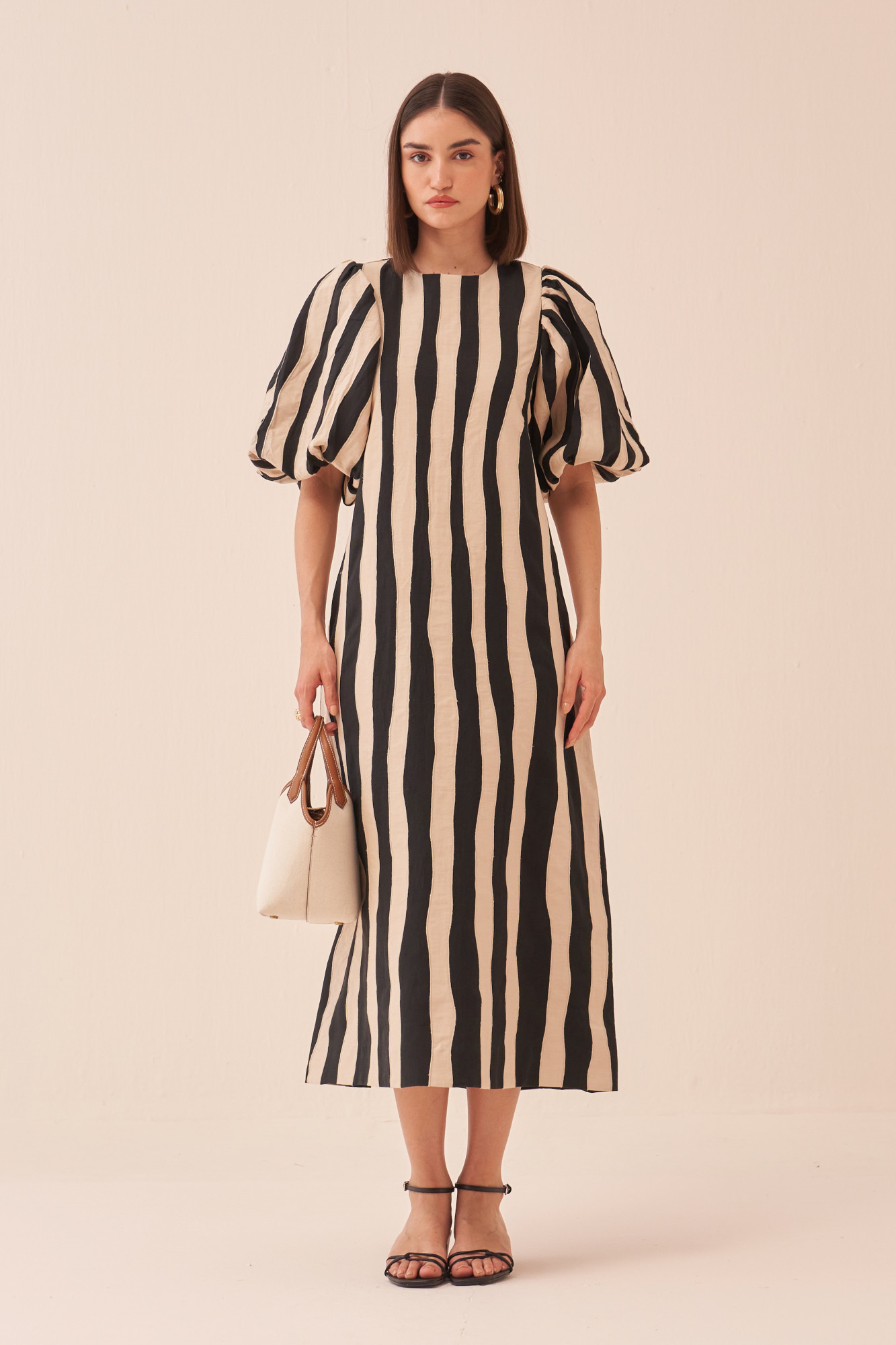 CASABLANCA BLACK COTTON LINEN MIDI LENGTH DRESS WITH ECRU COLOUR FABRIC STRIPES APPLIQUE EMBROIDERY