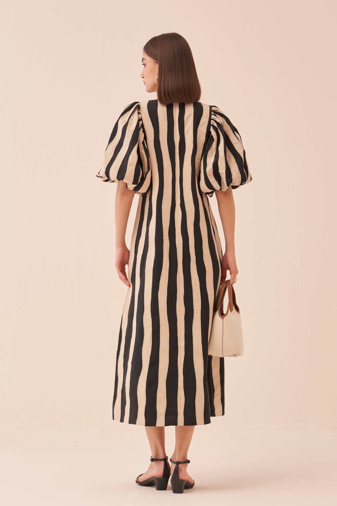 CASABLANCA BLACK COTTON LINEN MIDI LENGTH DRESS WITH ECRU COLOUR FABRIC STRIPES APPLIQUE EMBROIDERY