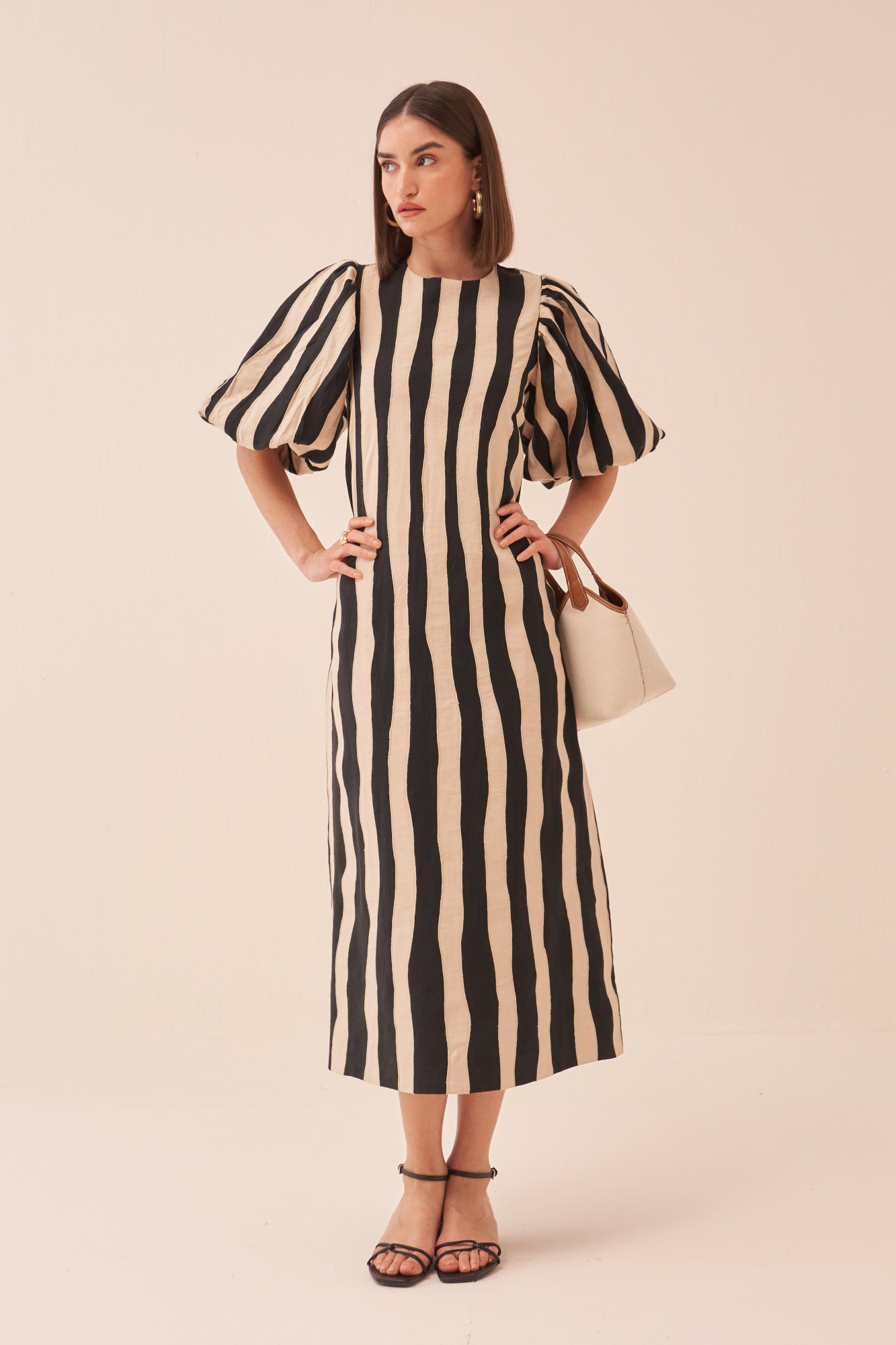 CASABLANCA BLACK COTTON LINEN MIDI LENGTH DRESS WITH ECRU COLOUR FABRIC STRIPES APPLIQUE EMBROIDERY