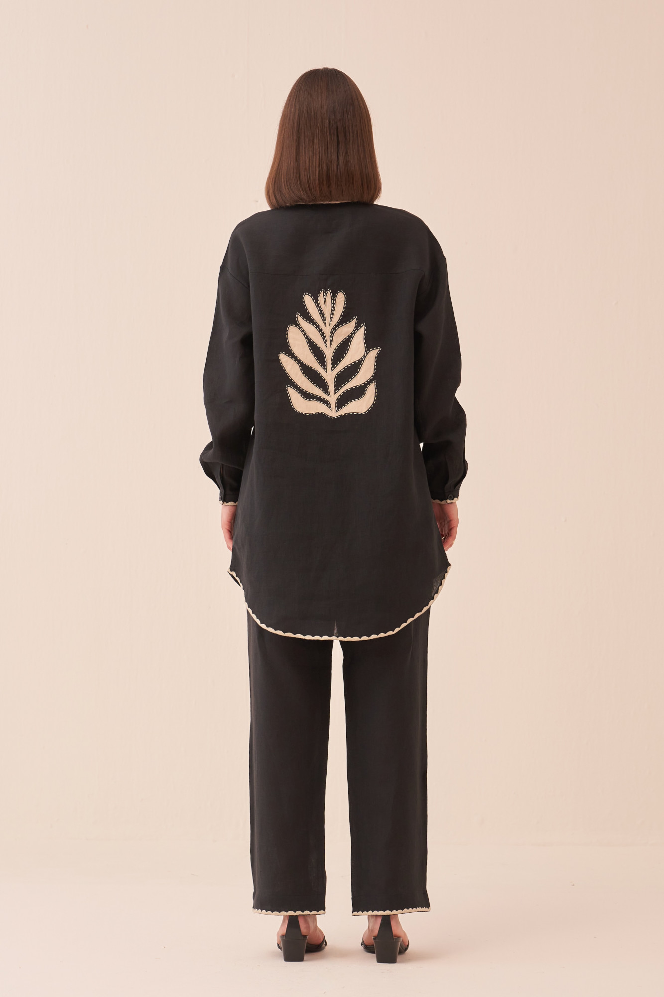 CASABLANCA BLACK COTTON LINEN SHIRT TUNIC AND PANT CO-ORD SET WITH APPLIQUE EMBROIDERY