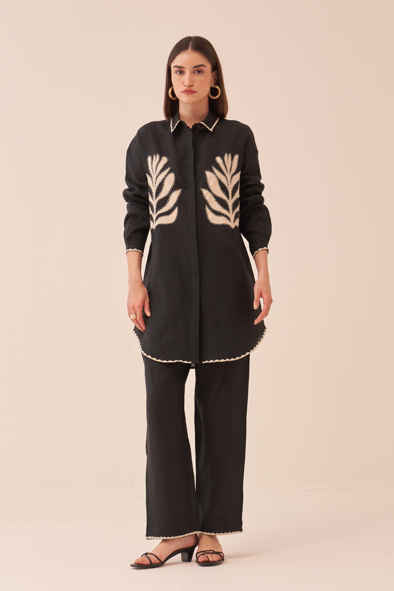 CASABLANCA BLACK COTTON LINEN SHIRT TUNIC AND PANT CO-ORD SET WITH APPLIQUE EMBROIDERY