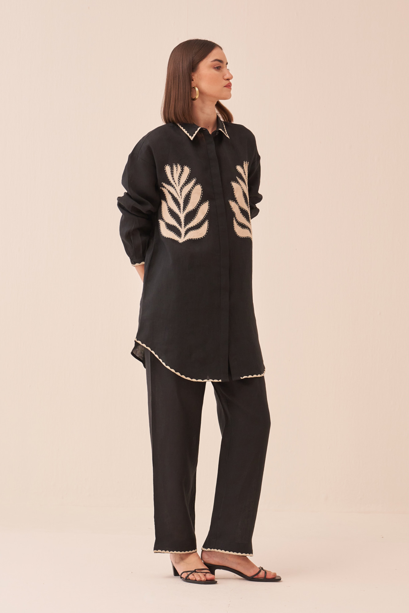 CASABLANCA BLACK COTTON LINEN SHIRT TUNIC AND PANT CO-ORD SET WITH APPLIQUE EMBROIDERY