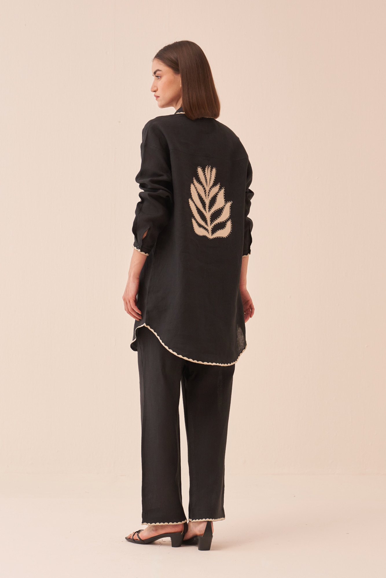 CASABLANCA BLACK COTTON LINEN SHIRT TUNIC AND PANT CO-ORD SET WITH APPLIQUE EMBROIDERY