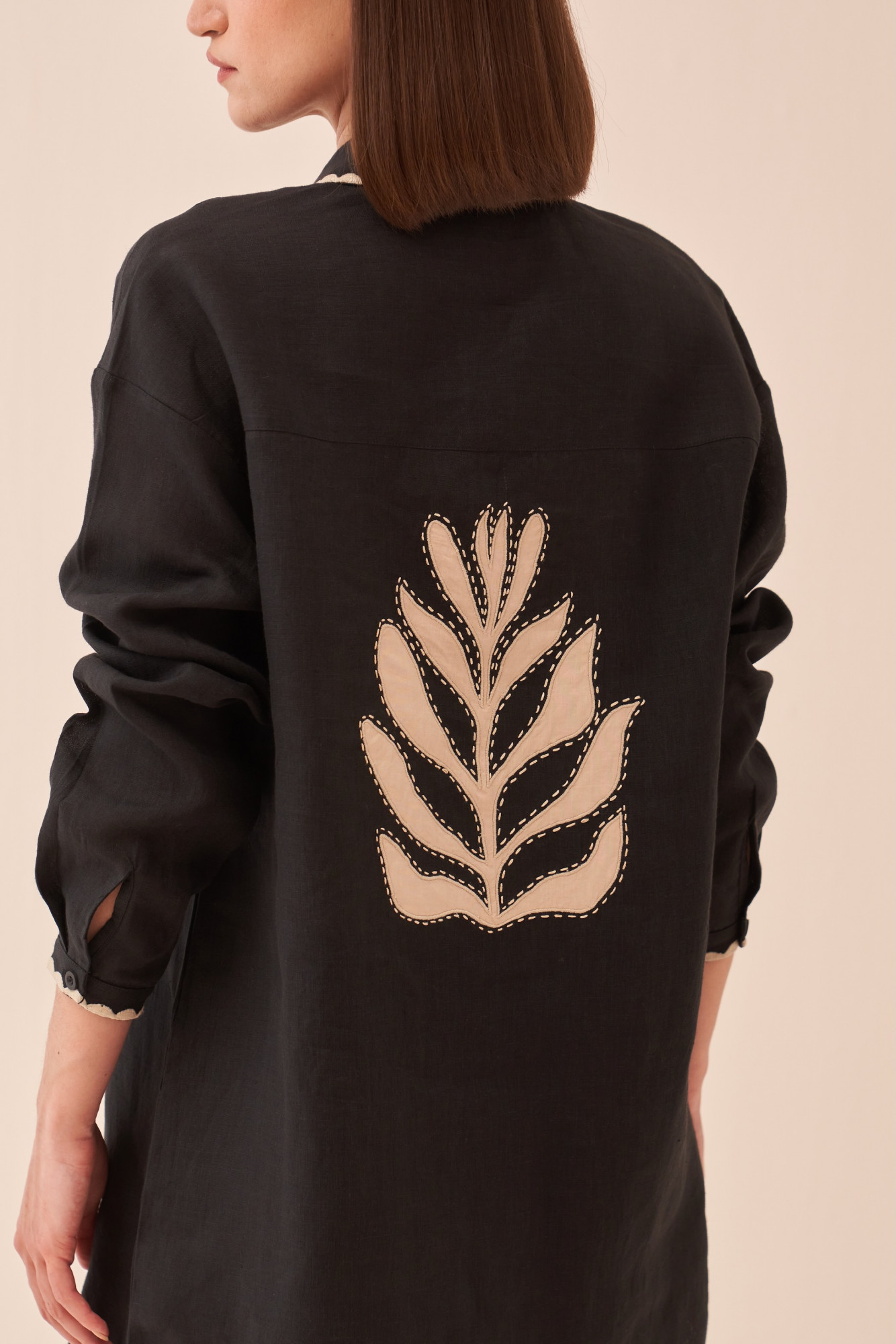 CASABLANCA BLACK COTTON LINEN SHIRT TUNIC AND PANT CO-ORD SET WITH APPLIQUE EMBROIDERY