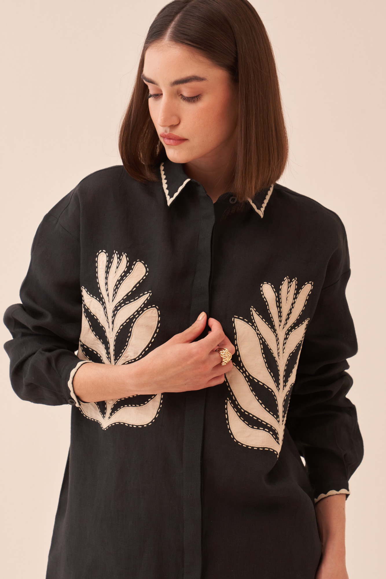 CASABLANCA BLACK COTTON LINEN SHIRT TUNIC AND PANT CO-ORD SET WITH APPLIQUE EMBROIDERY