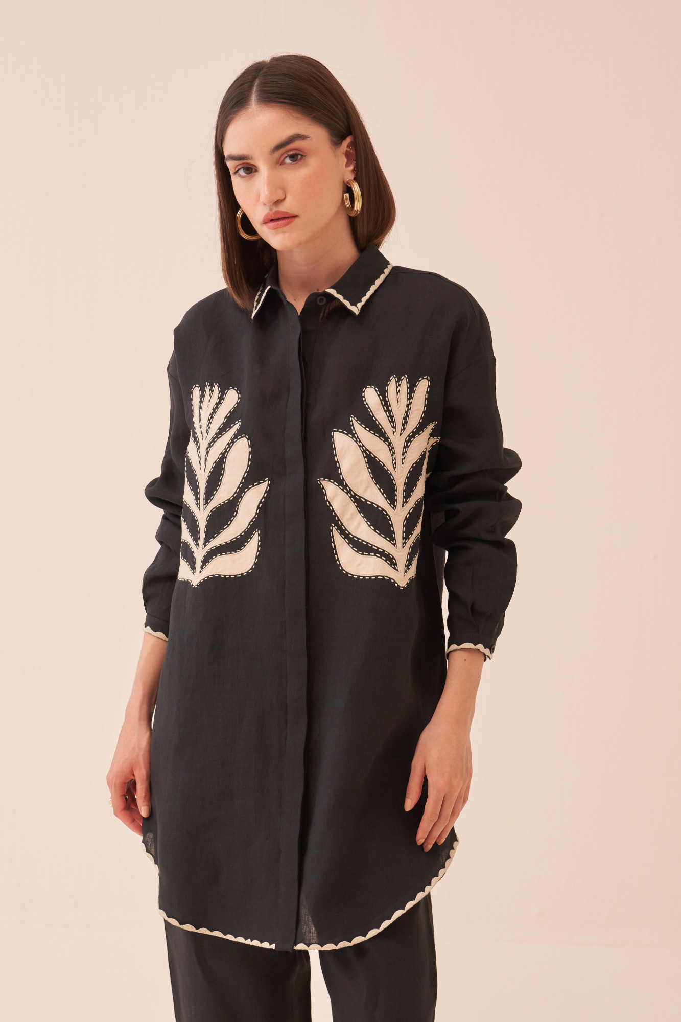 CASABLANCA BLACK COTTON LINEN SHIRT TUNIC AND PANT CO-ORD SET WITH APPLIQUE EMBROIDERY