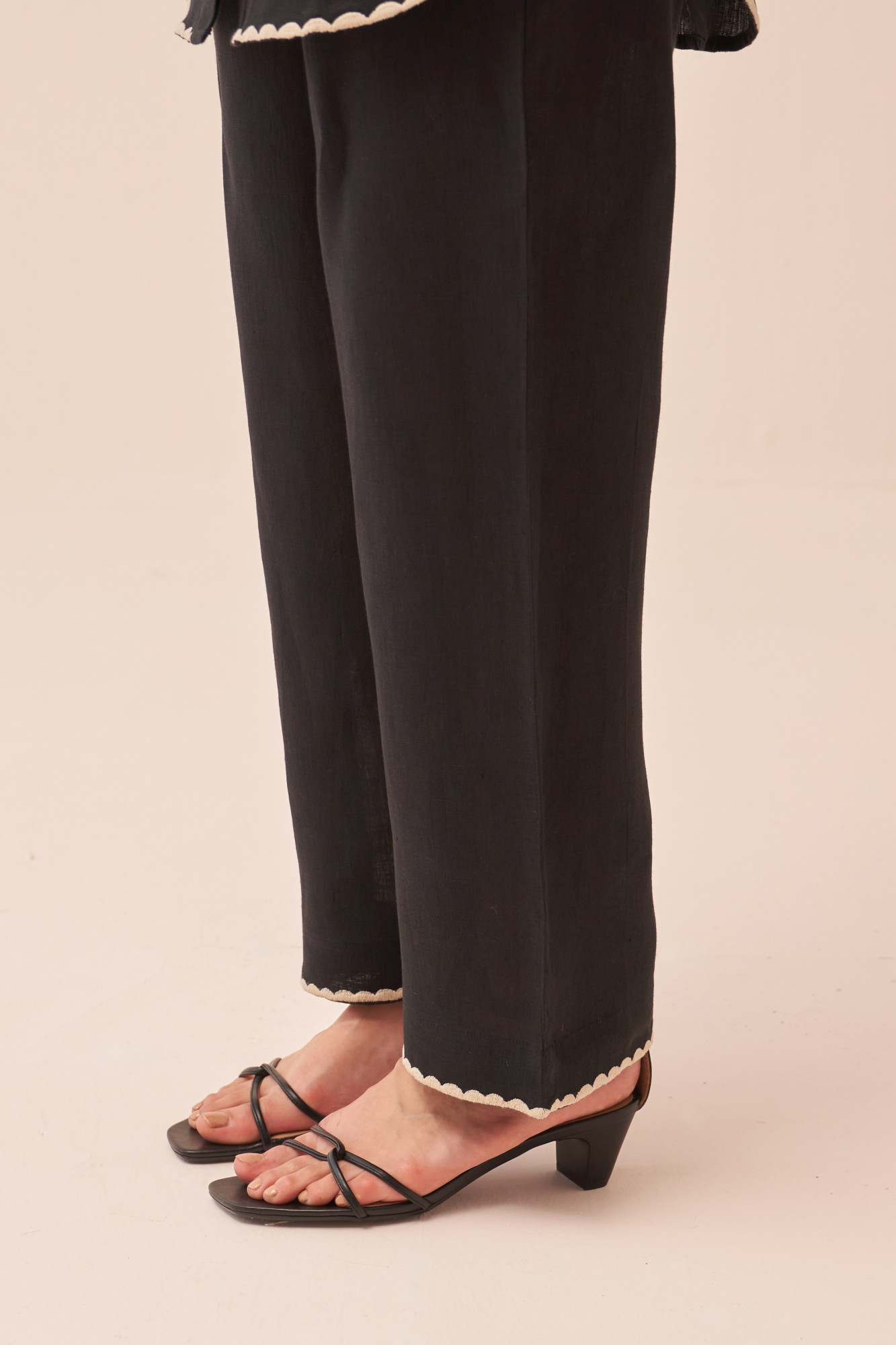 CASABLANCA BLACK COTTON LINEN SHIRT TUNIC AND PANT CO-ORD SET WITH APPLIQUE EMBROIDERY