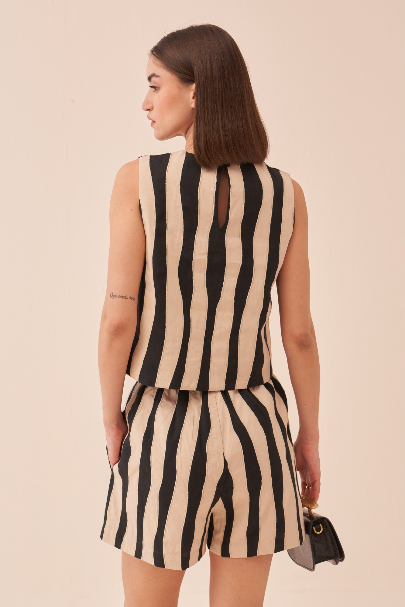 CASABLANCA BLACK COTTON LINEN TOP AND SHORTS CO-ORD SET WITH ECRU COLOUR STRIPES APPLIQUE EMBROIDERY