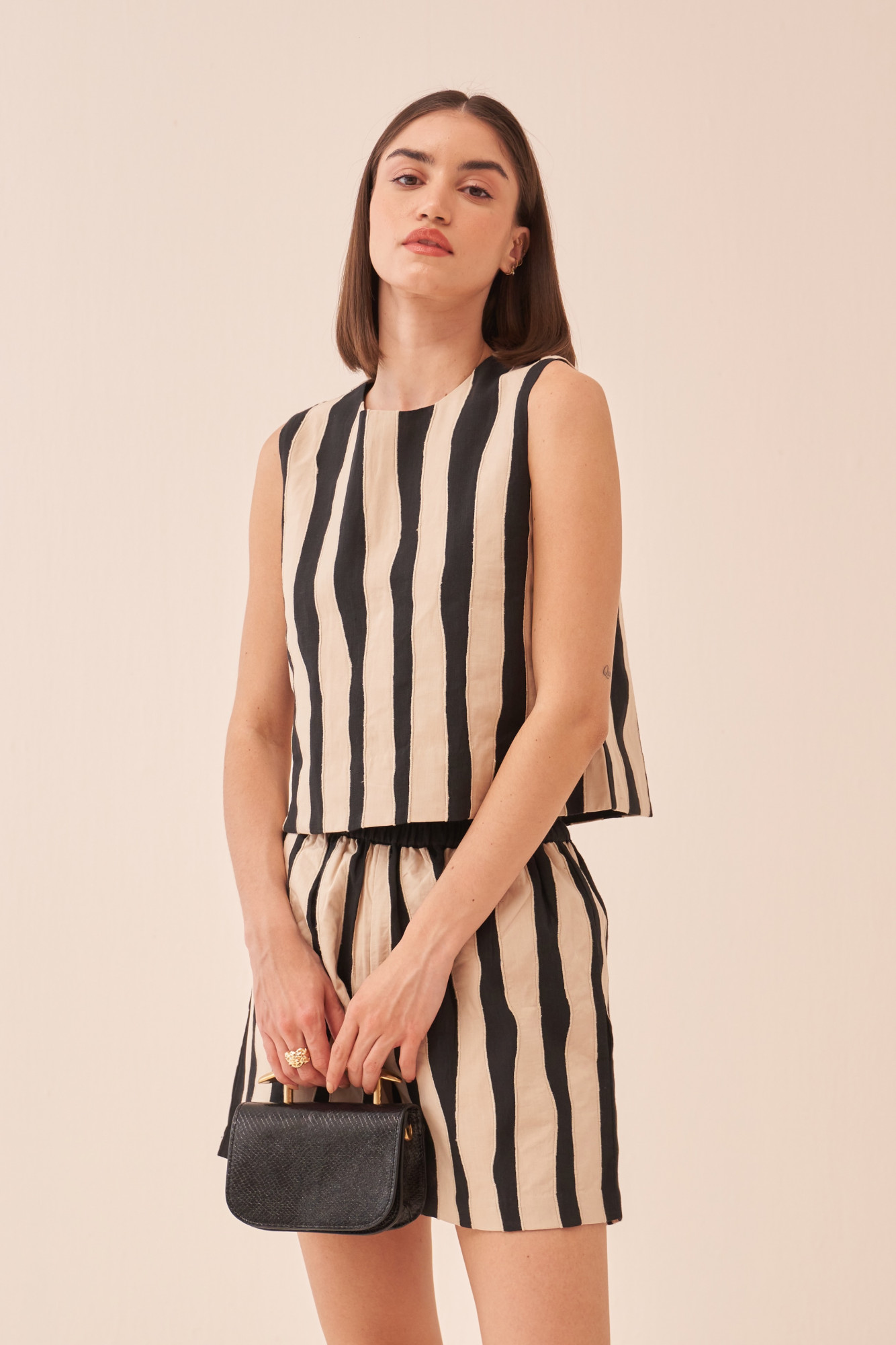 CASABLANCA BLACK COTTON LINEN TOP AND SHORTS CO-ORD SET WITH ECRU COLOUR STRIPES APPLIQUE EMBROIDERY