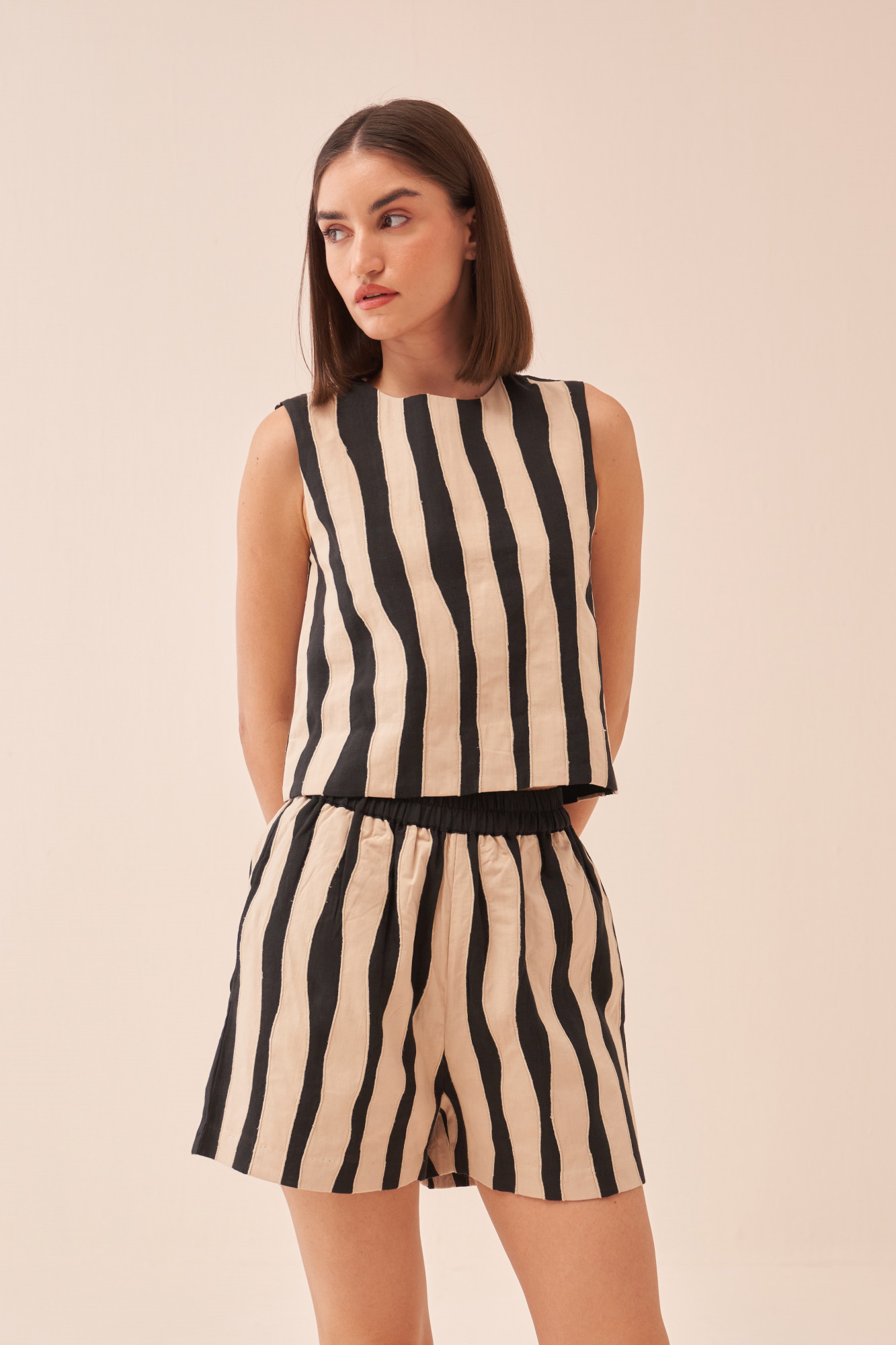 CASABLANCA BLACK COTTON LINEN TOP AND SHORTS CO-ORD SET WITH ECRU COLOUR STRIPES APPLIQUE EMBROIDERY