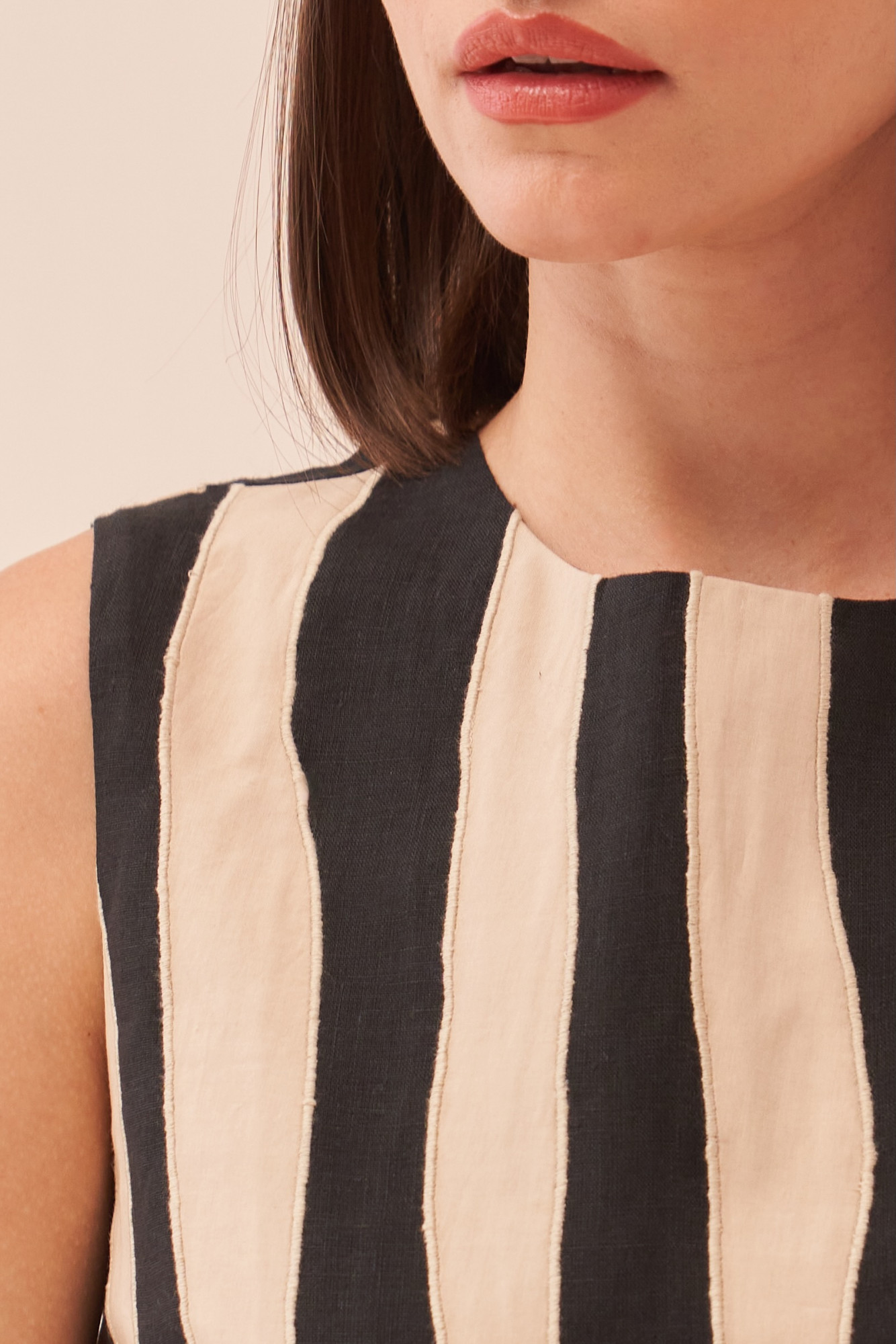 CASABLANCA BLACK COTTON LINEN TOP AND SHORTS CO-ORD SET WITH ECRU COLOUR STRIPES APPLIQUE EMBROIDERY