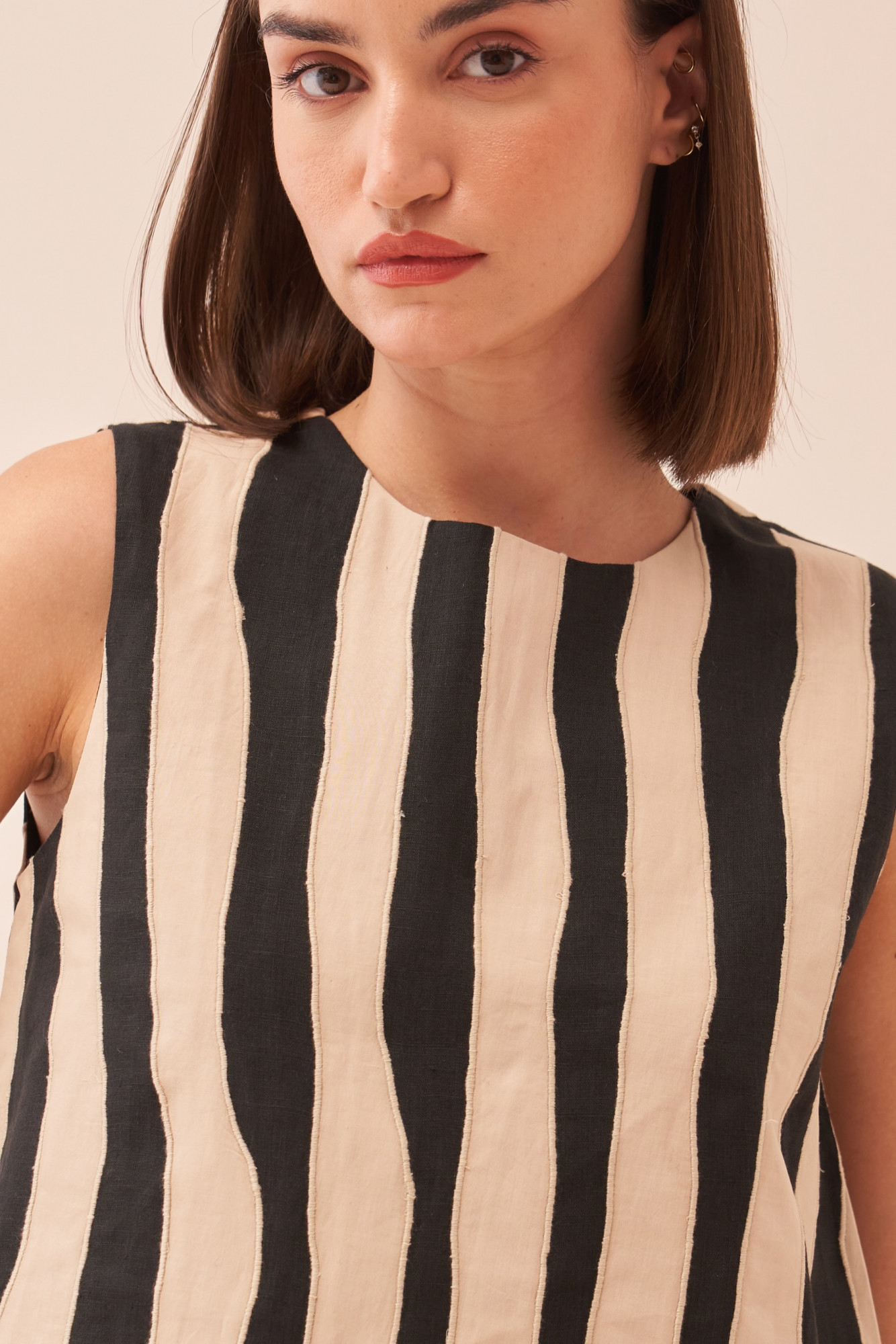 CASABLANCA BLACK COTTON LINEN TOP AND SHORTS CO-ORD SET WITH ECRU COLOUR STRIPES APPLIQUE EMBROIDERY