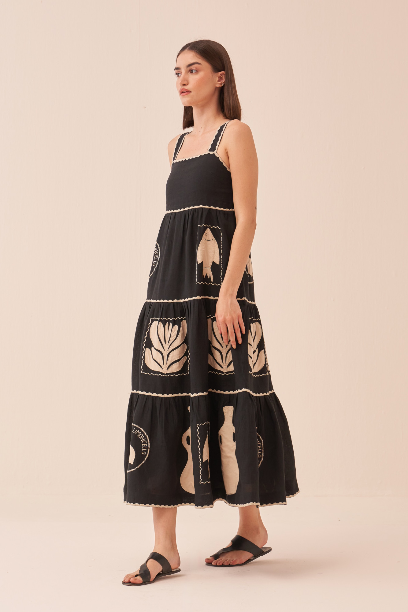 CASABLANCA BLACK COLOUR COTTON LINEN MIDI LENGTH TIER DRESS WITH APPLIQUE EMBROIDERY