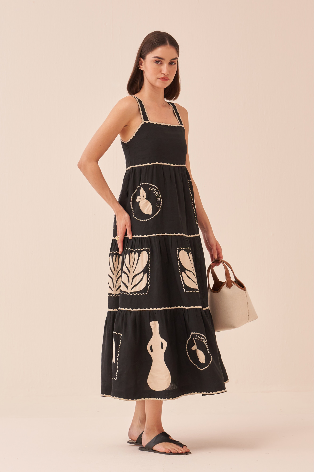 CASABLANCA BLACK COLOUR COTTON LINEN MIDI LENGTH TIER DRESS WITH APPLIQUE EMBROIDERY