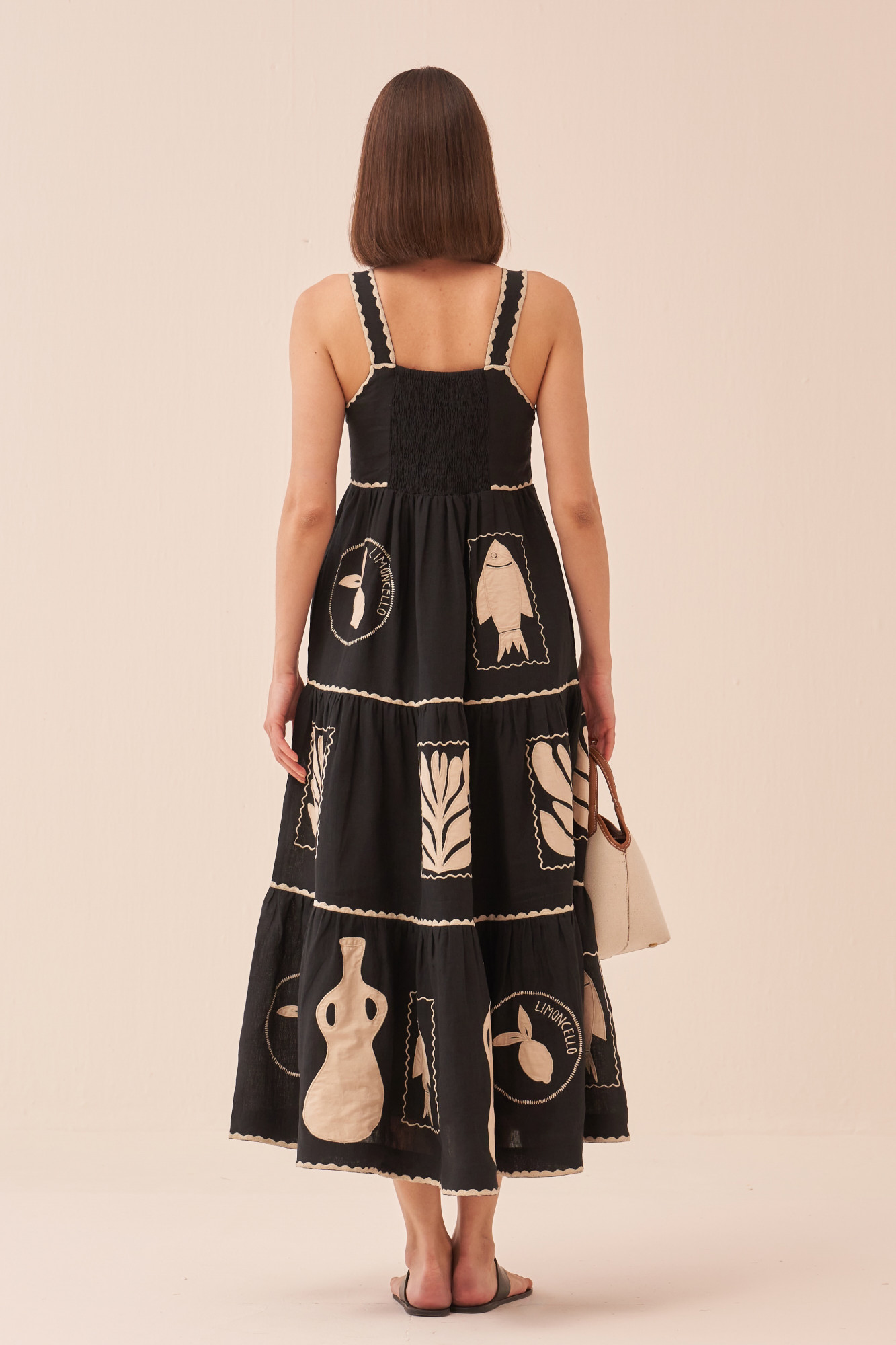 CASABLANCA BLACK COLOUR COTTON LINEN MIDI LENGTH TIER DRESS WITH APPLIQUE EMBROIDERY