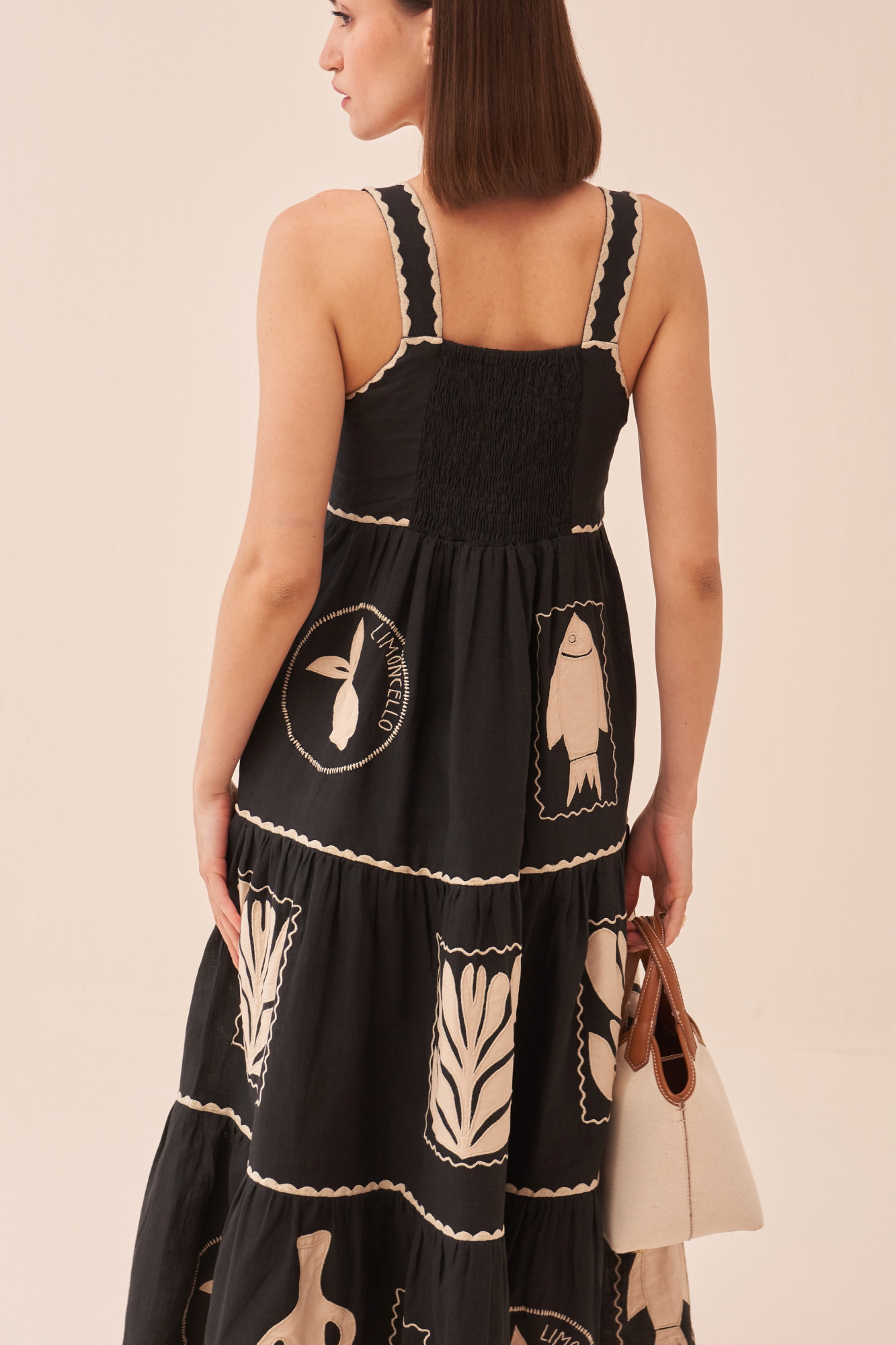 CASABLANCA BLACK COLOUR COTTON LINEN MIDI LENGTH TIER DRESS WITH APPLIQUE EMBROIDERY
