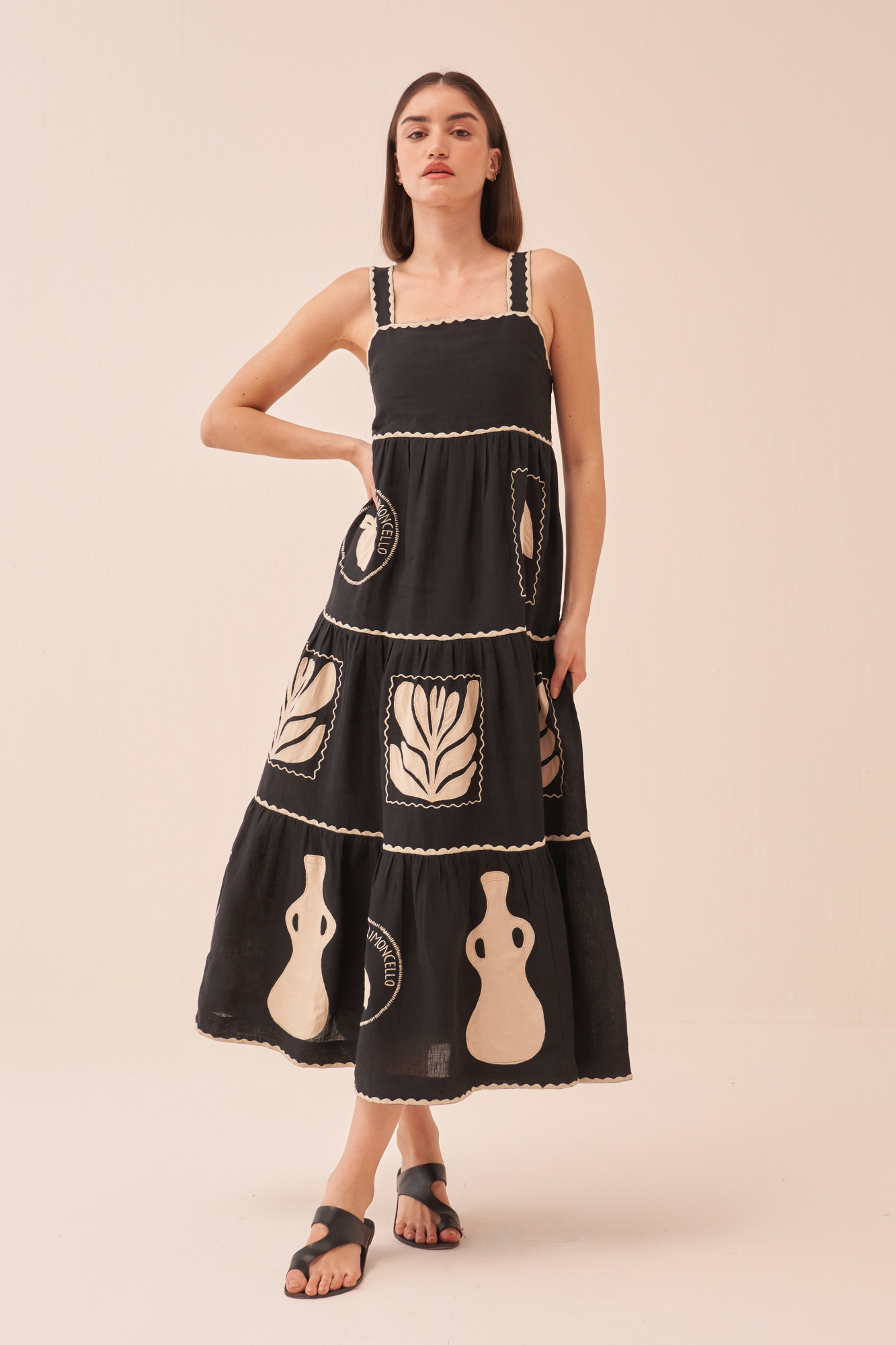 CASABLANCA BLACK COLOUR COTTON LINEN MIDI LENGTH TIER DRESS WITH APPLIQUE EMBROIDERY