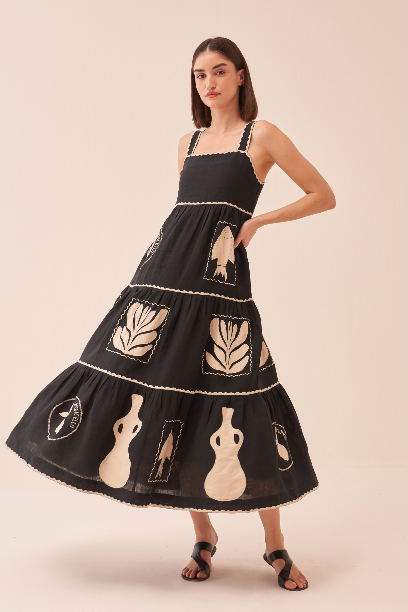 CASABLANCA BLACK COLOUR COTTON LINEN MIDI LENGTH TIER DRESS WITH APPLIQUE EMBROIDERY