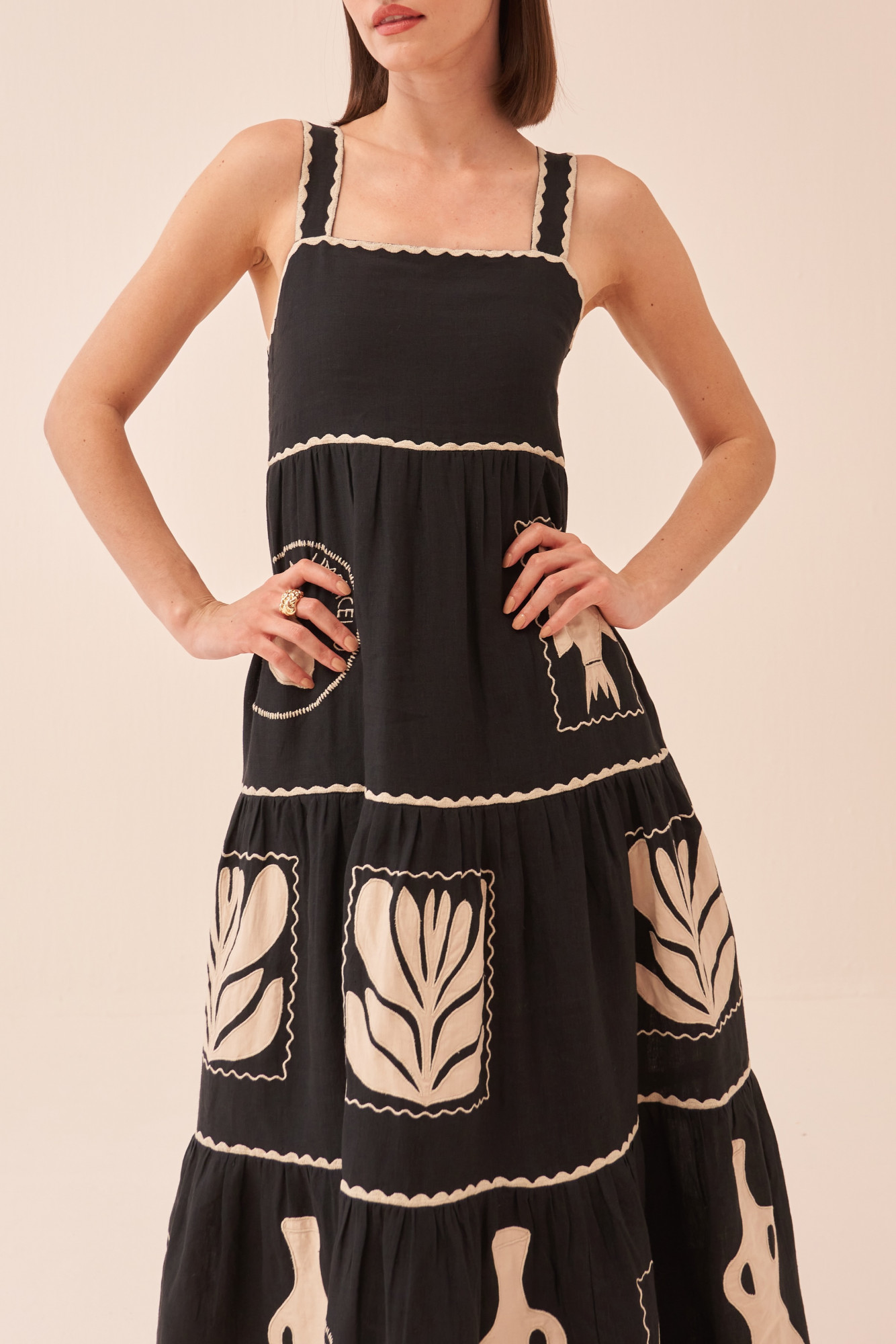 CASABLANCA BLACK COLOUR COTTON LINEN MIDI LENGTH TIER DRESS WITH APPLIQUE EMBROIDERY