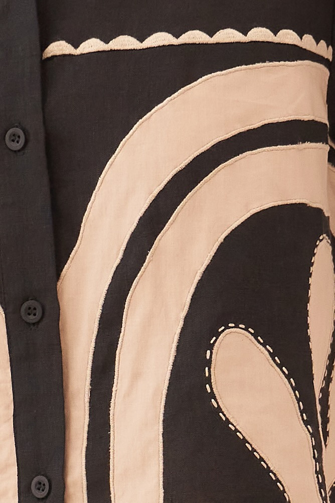 CASABLANCA BLACK COTTON LINEN CROP LENGTH SHIRT AND SKIRT CO-ORD SET WITH APPLIQUE EMBROIDERY