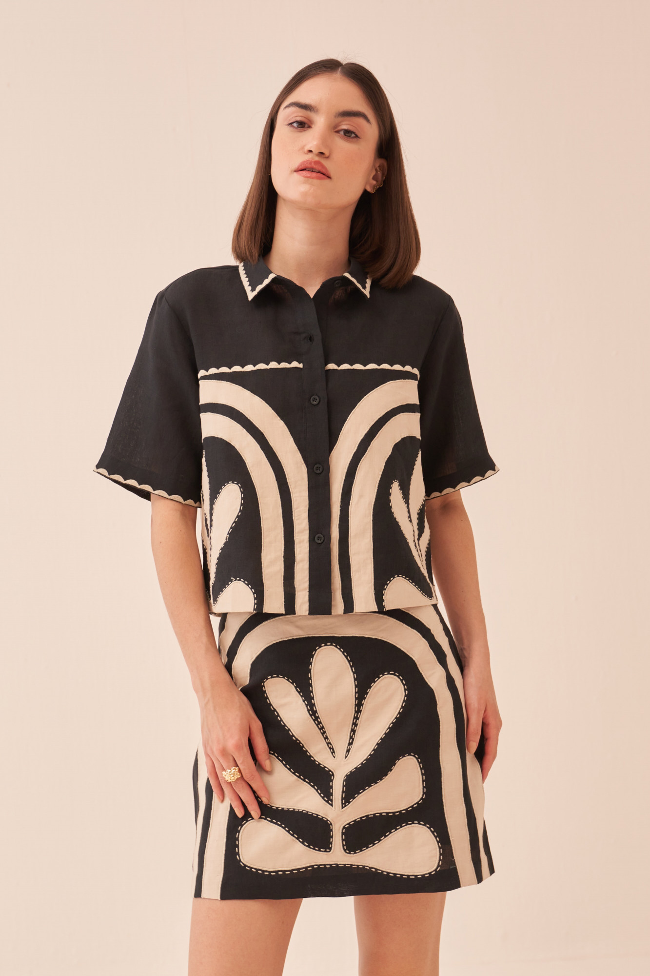 CASABLANCA BLACK COTTON LINEN CROP LENGTH SHIRT AND SKIRT CO-ORD SET WITH APPLIQUE EMBROIDERY